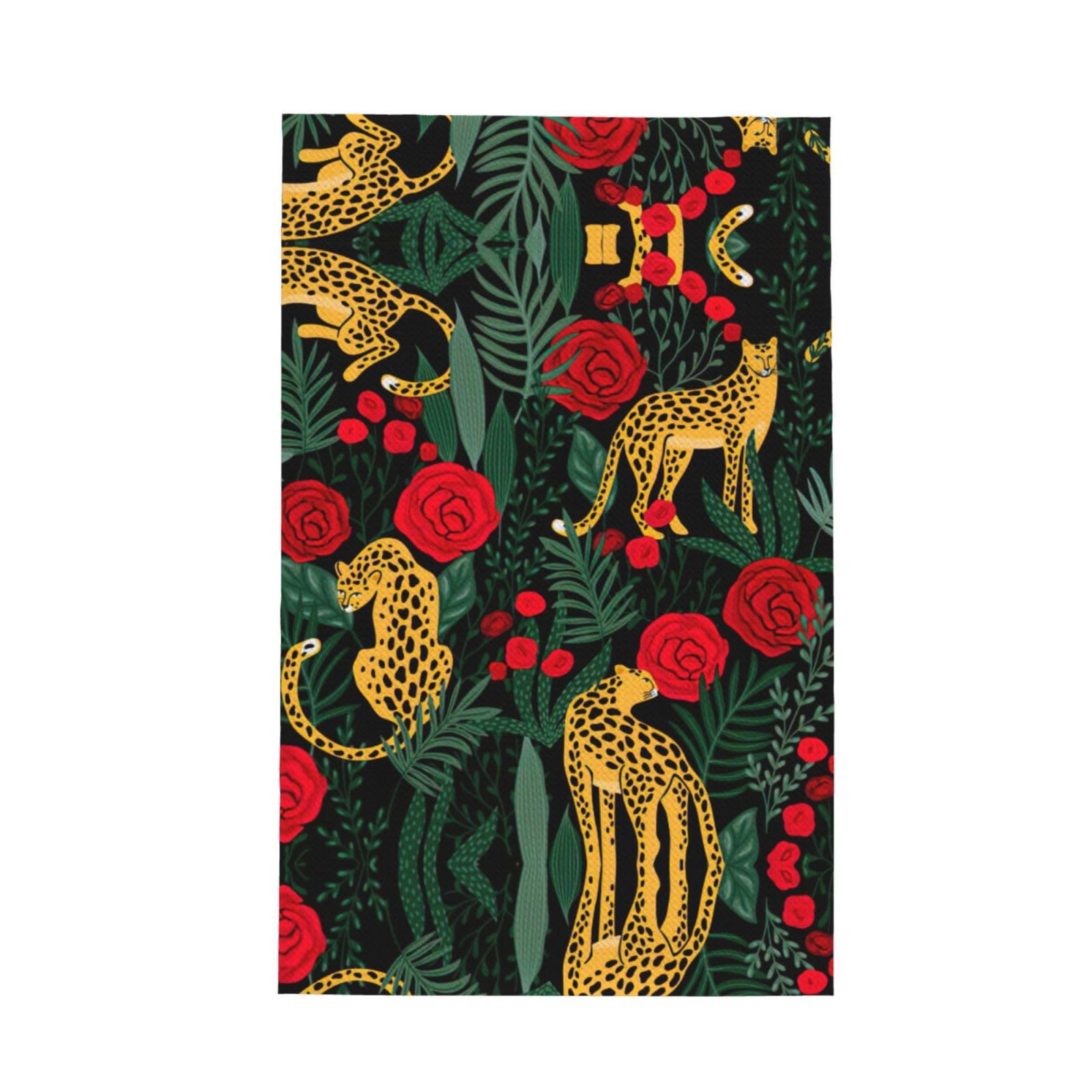 Xxahnbm Black Leopard And Roses Print Waffle Kitchen Towel,Absorbent Hand Towel