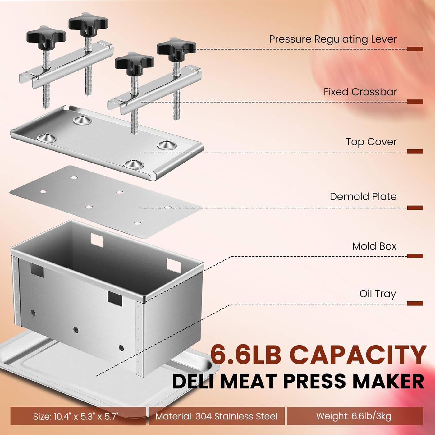 Stampo per carne, in acciaio inox, per prosciutto fatto in casa, pranzo gastronomia, include 4 dispositivi di pressurizzazione a vite per un facile utilizzo