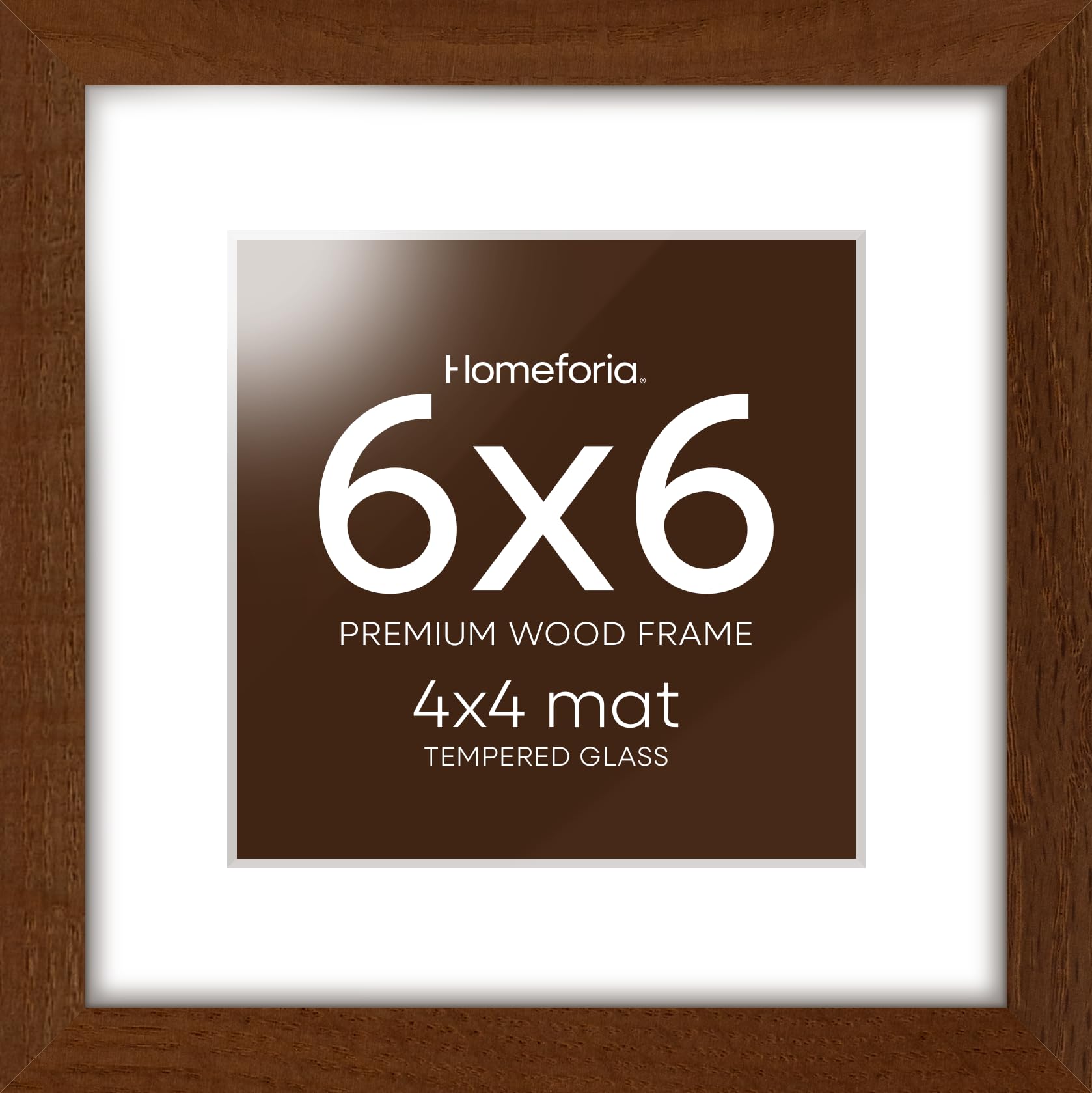 Homeforia 6x6 Brown Oak Picture Frame, High-End Wood, 4x4 Mat, Glass
