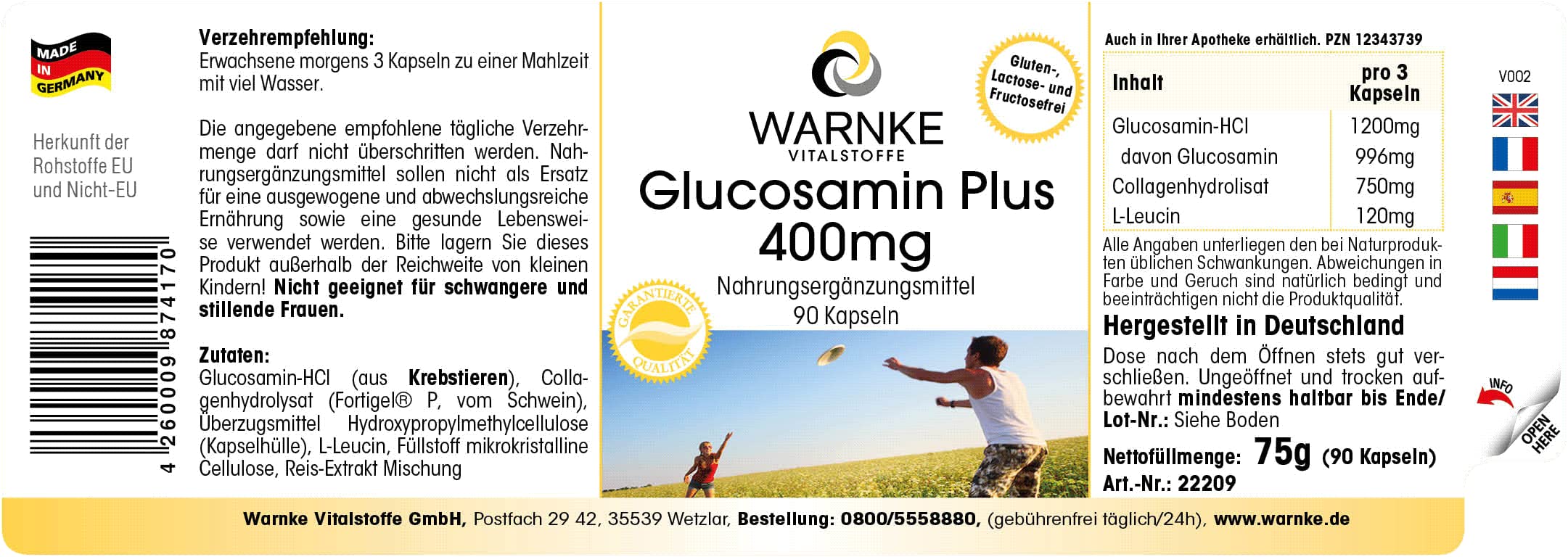 Glucosamine Plus 400mg - avec 1200mg de Glucosamine par dose journalière - 90 gélules - Avec Collagène | Warnke Vitalstoffe - Qualité des pharmacies allemandes (Lot de 3)