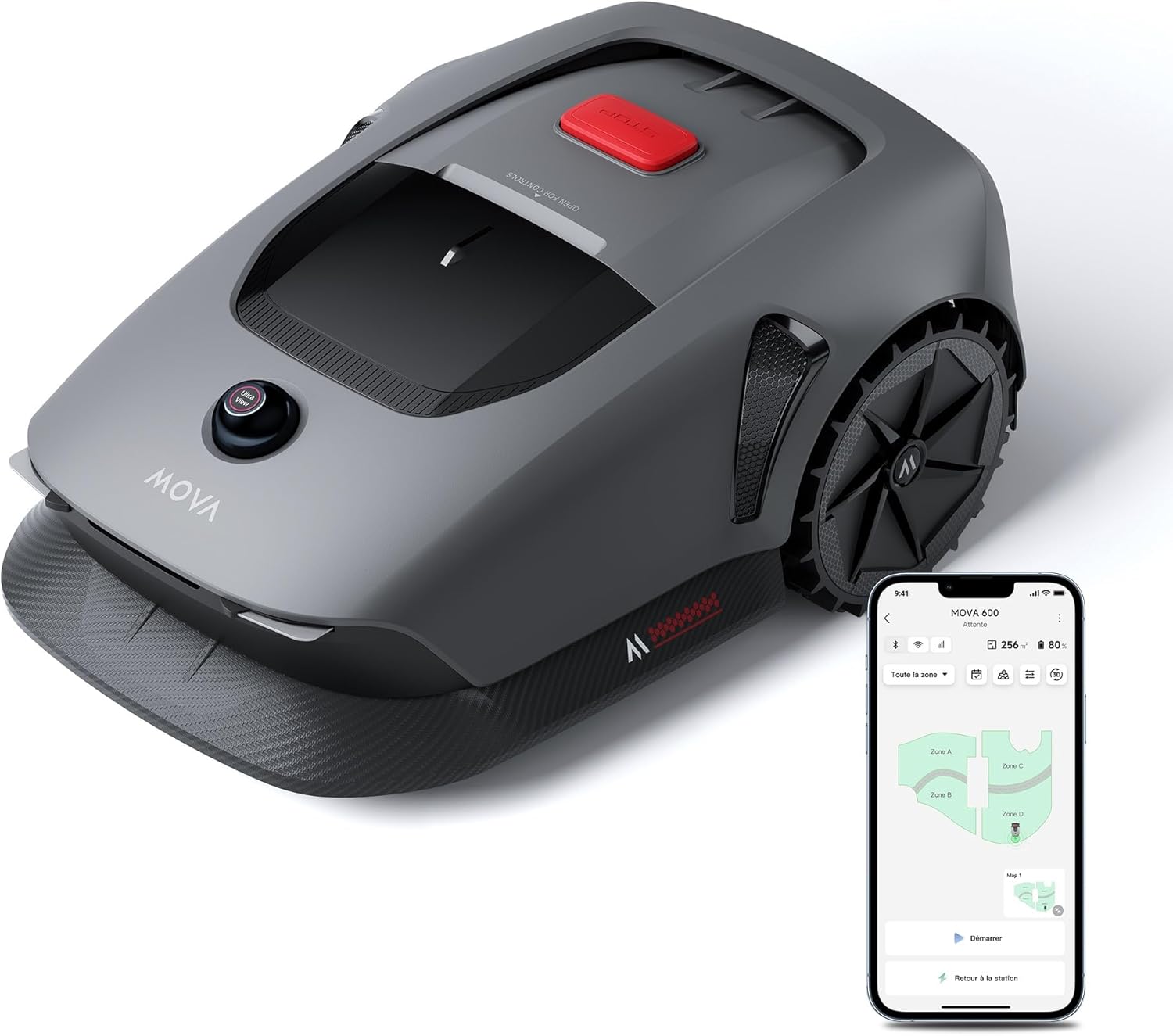 Mova 600 Robotic Lawnmower with smartphone showing app interface