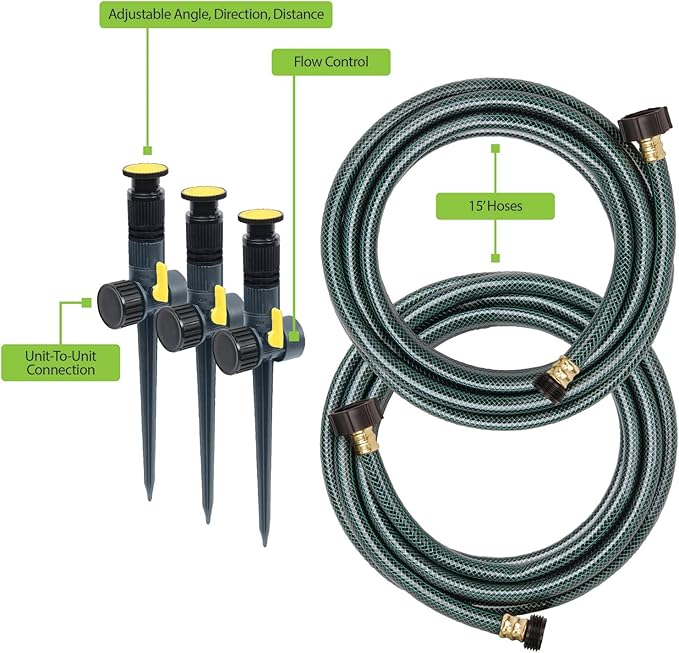 The Melnor 65191AMZ Adjustable Spike Set Sprinkler Bundle is a versatile and easy-to-use watering solution for your garden or lawn. This bundle includes two adjustable spike sprinklers in green and yellow colors, allowing you to customize your watering setup to suit your specific needs. The adjustable design of the sprinklers allows you to control the coverage area and spray pattern, so you can efficiently water different areas of your lawn or garden.