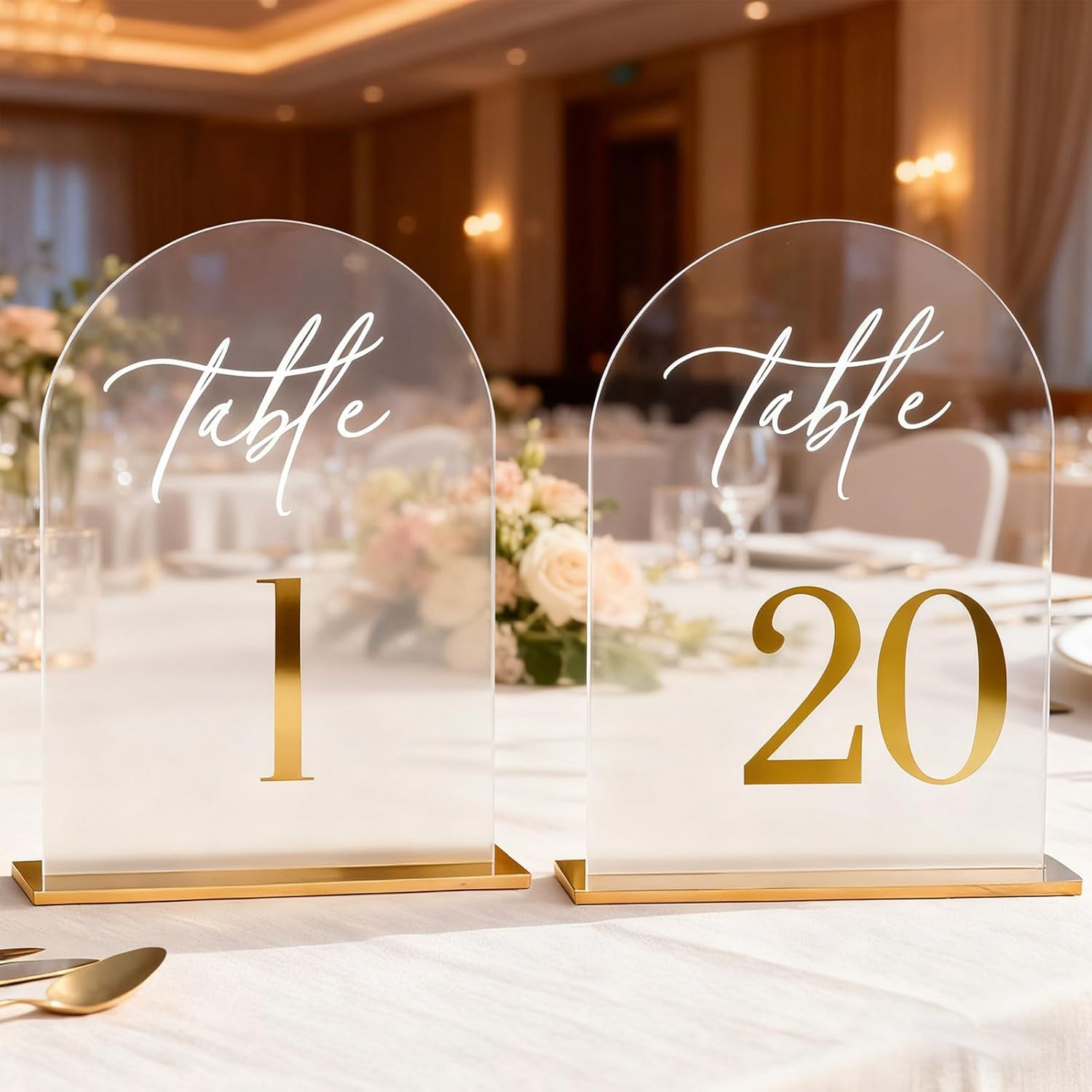 Arch Wedding Table Numbers 1-20 with Stands,5 x 8 Inch Transparent Acrylic Reception Table Signs Golden Letters,Perfect for Wedding Receptions, Parties, Anniversaries, and Events