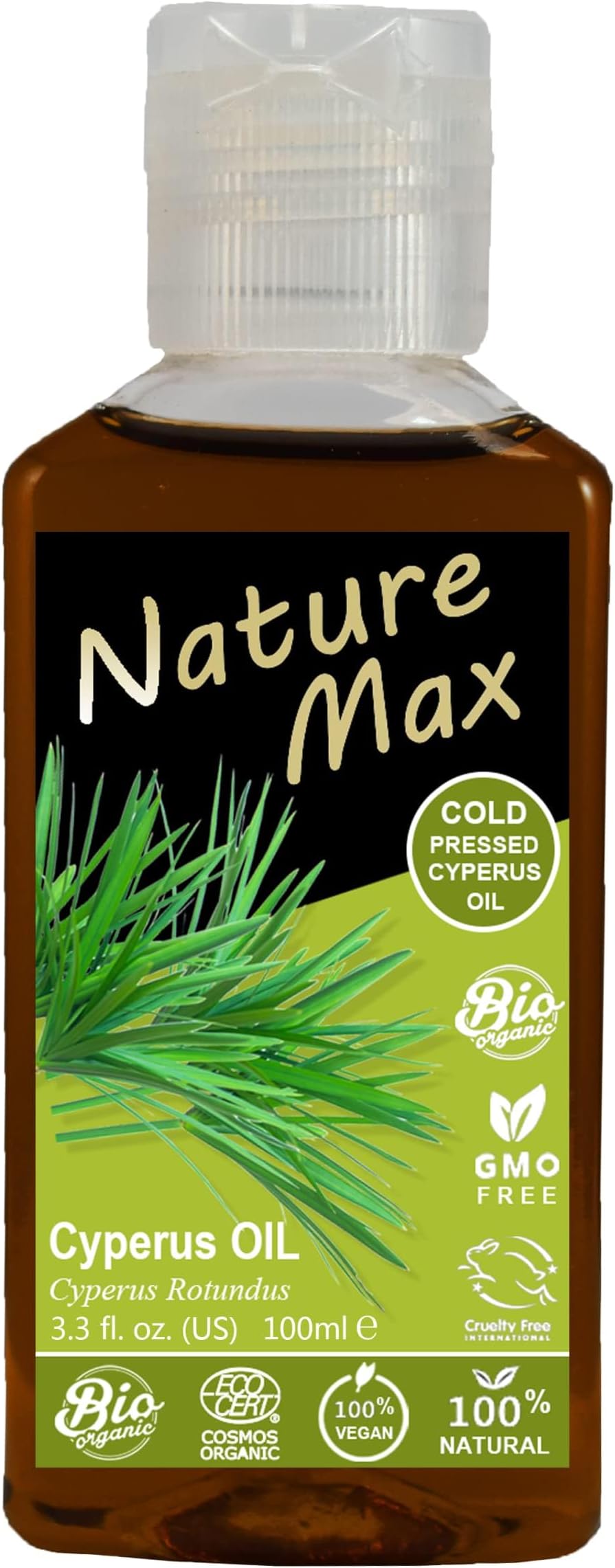 Nature Max Cyperus Oil Natural Undiluted Pure For Hair & Skin Care Cold Pressed Premium (1 Pack = 3.38 oz / 100 ml) زيت السعد