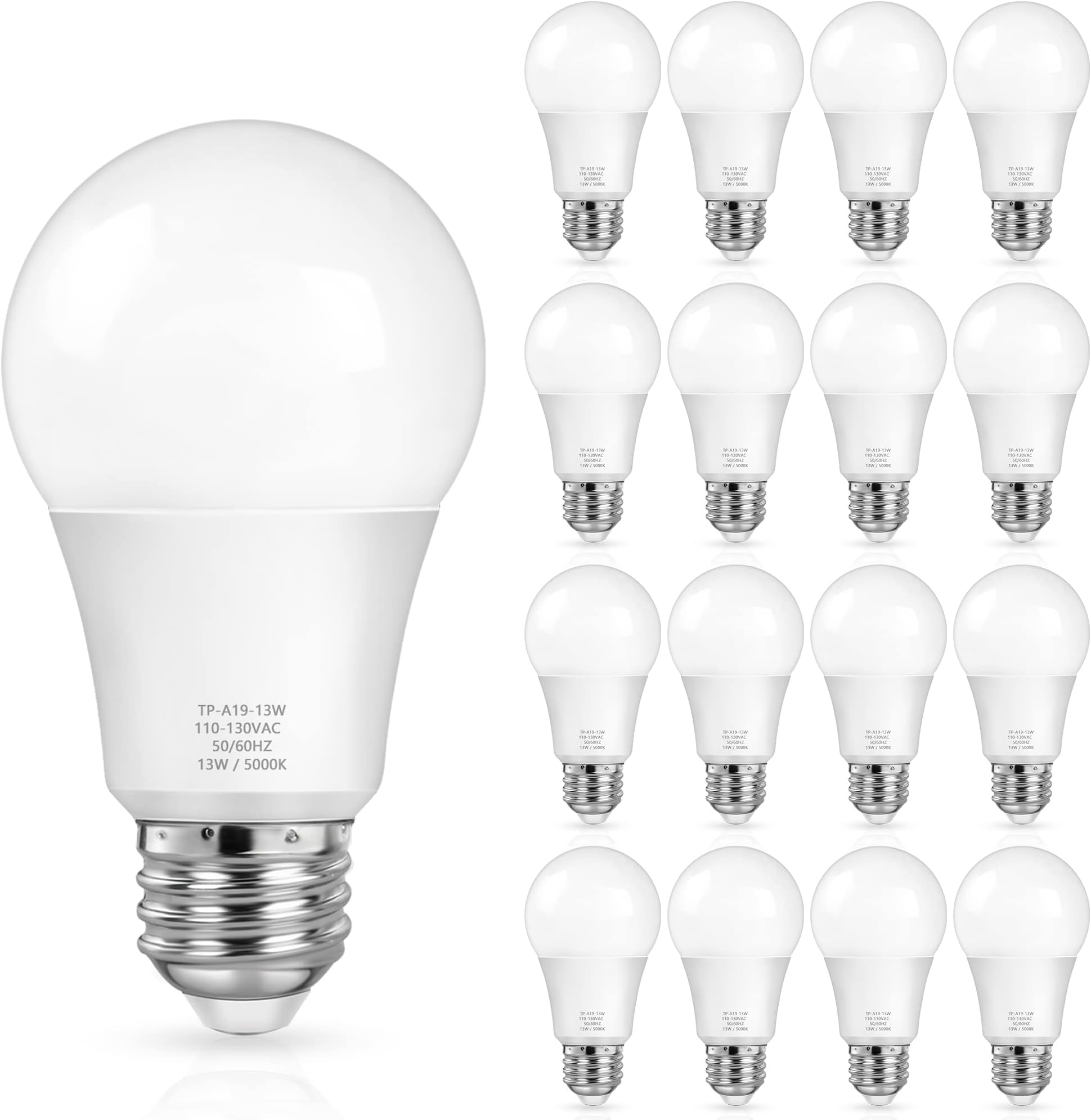 MAXvoladorA19 LED Light Bulbs, 100 Watt Equivalent LED Bulbs, Daylight 5000K, 1500 Lumens, E26 Standard Base, Non-Dimmable, 13W Bright White LED Bulbs for Bedroom Living Room Home Office, 16-Pack