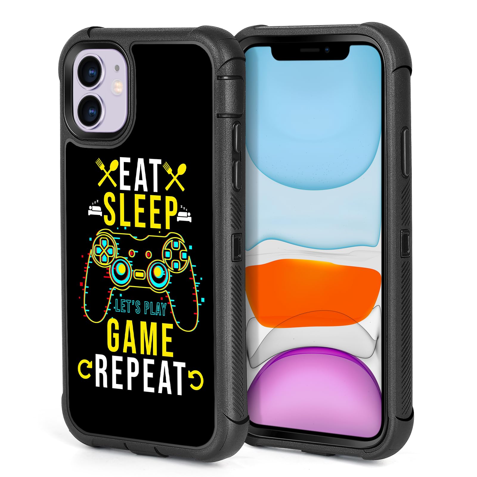 XWMHHP Compatible with iPhone 11 Case Cool Eat Sleep Game Repeat Design for Boys Kids Teens, 3-Layer Rugged Shockproof Anti-Slip Hard Bumper Silicone