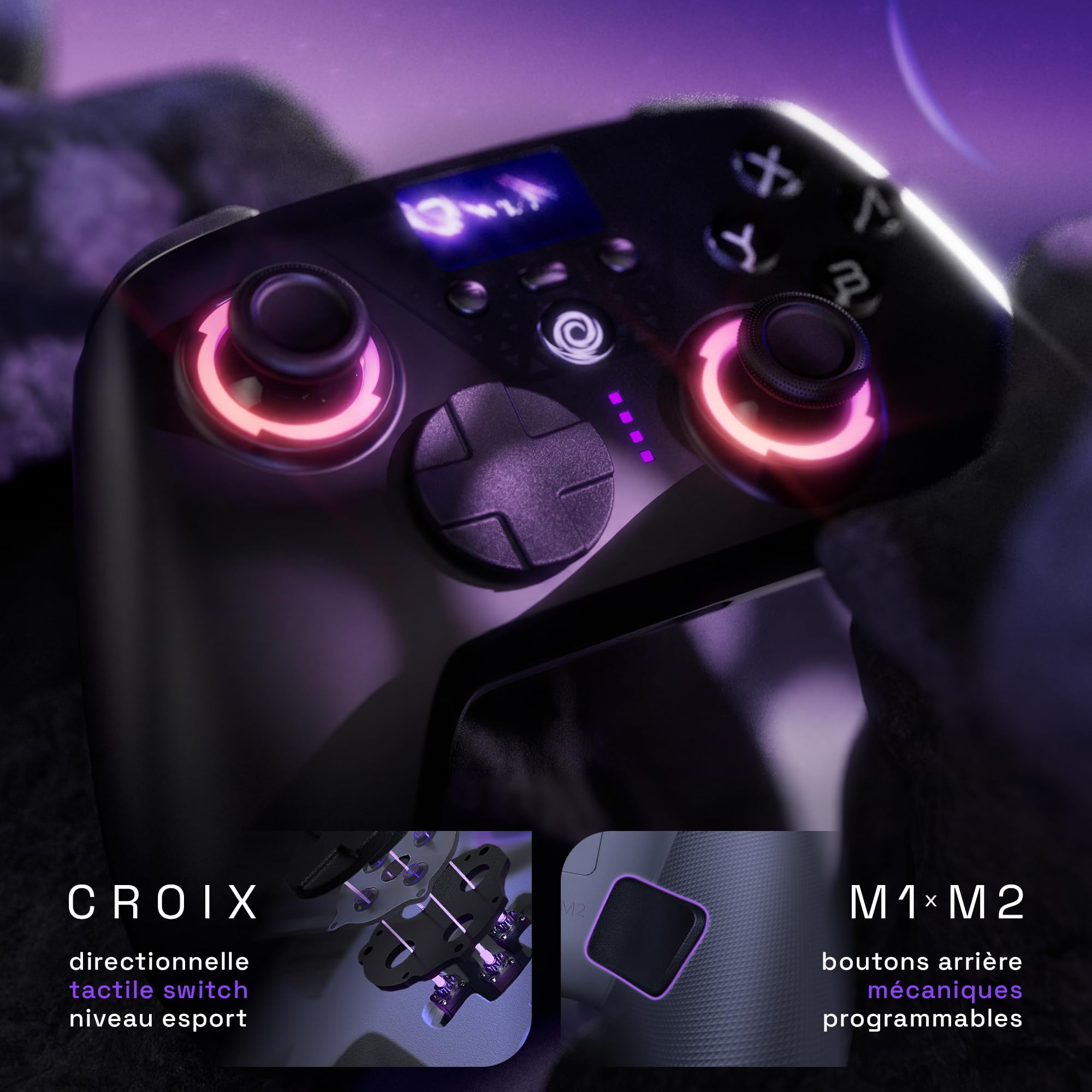 Oniverse Manette sans fil pour Switch 2/Switch/OLED/Lite/PC/Mobile, Écran intégré, Joysticks et gâchettes Hall Effect, 11h, Tactile switch D-pad, Boutons macro arrière mécaniques - Aura (Void Black)