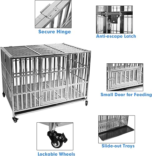 Miniatura 3 de Jaula apilable de acero inoxidable de 47 pulgadas para mascotas, plegable, indestructible, con ruedas enrollables, doble puerta y bandeja extraíble