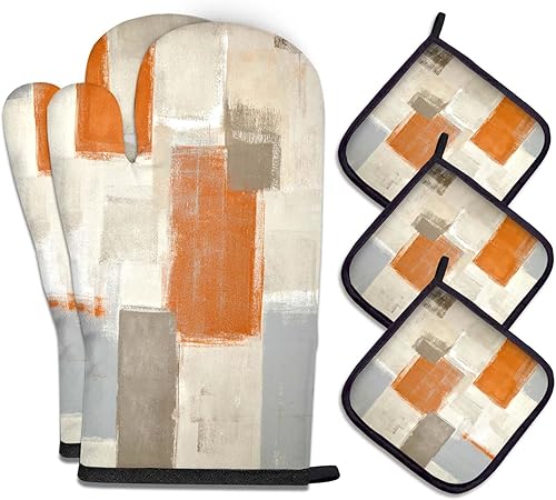 MCALK Juego de 5 manoplas de horno naranjas y soportes para ollas, guantes de horno beige y almohadillas calientes para cocina de cocina, manoplas