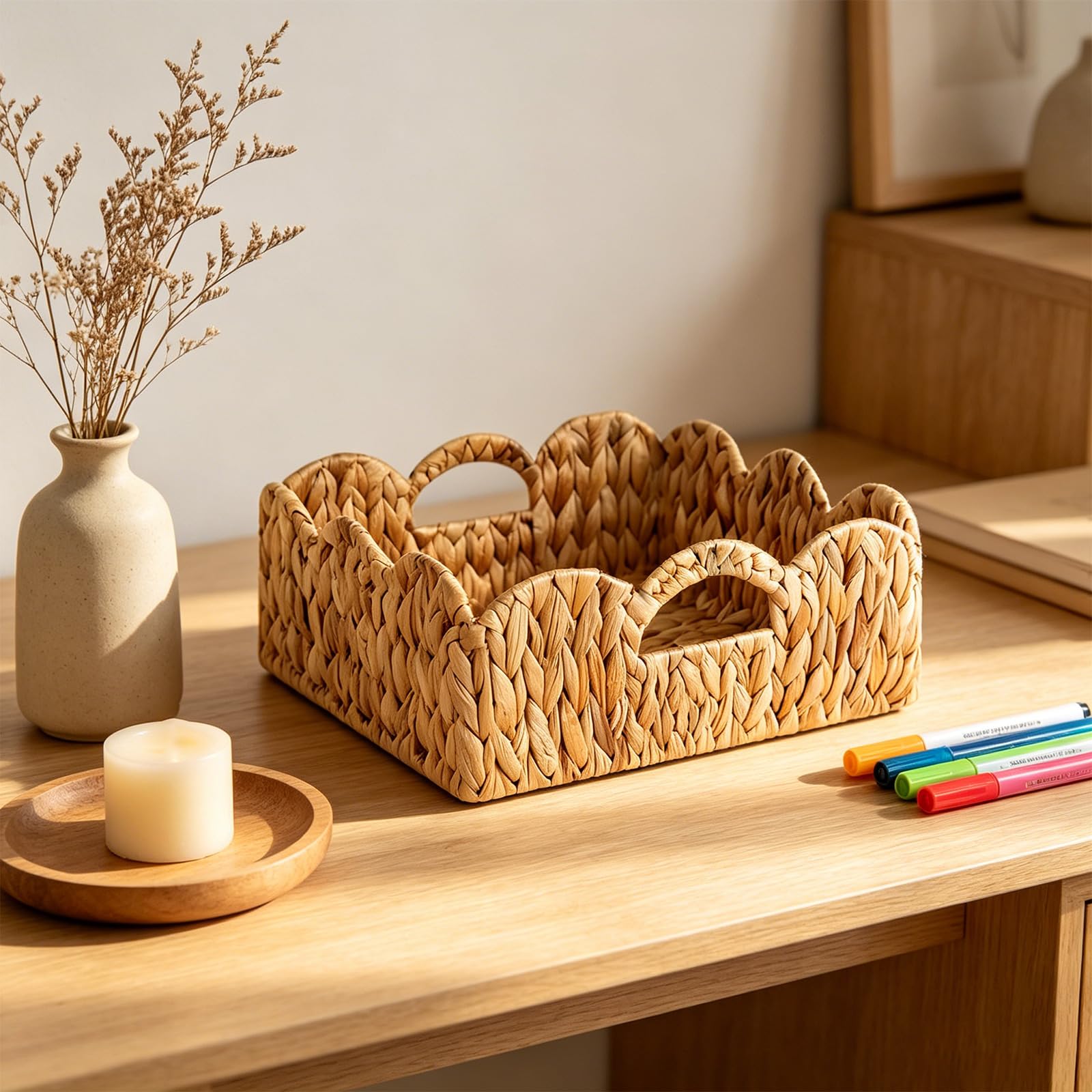 Caja de fibra natural, jacinto de agua, con borde de encaje, cesta de almacenamiento decorativa