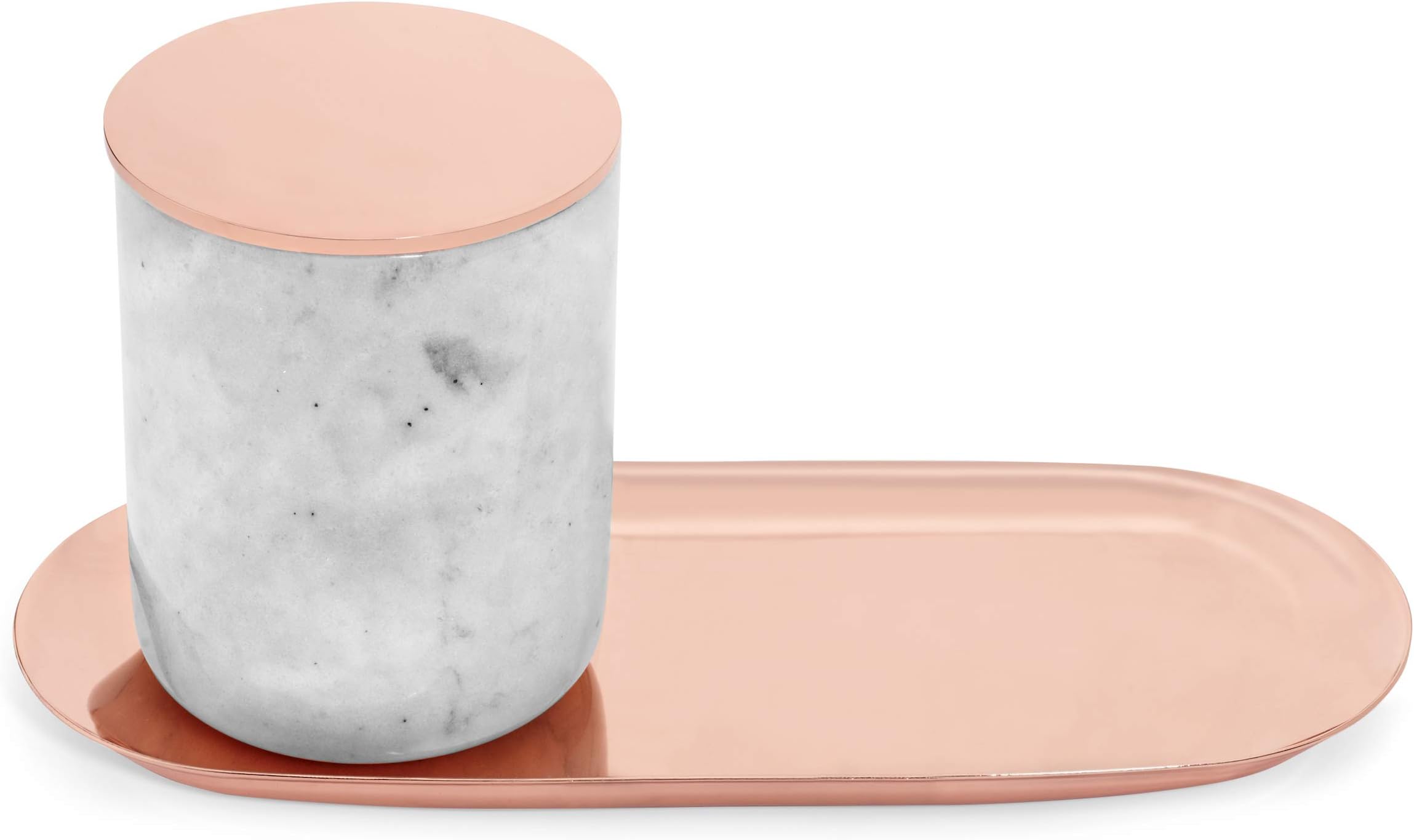 Marble Jar with Rose Gold Lid & Tray | Marble Canister Rose Gold Cover | Gray Marble Cup with Metal Lid | Small Marble Container | Marble Bowl Candle Holder | Bathroom Vanity Jar