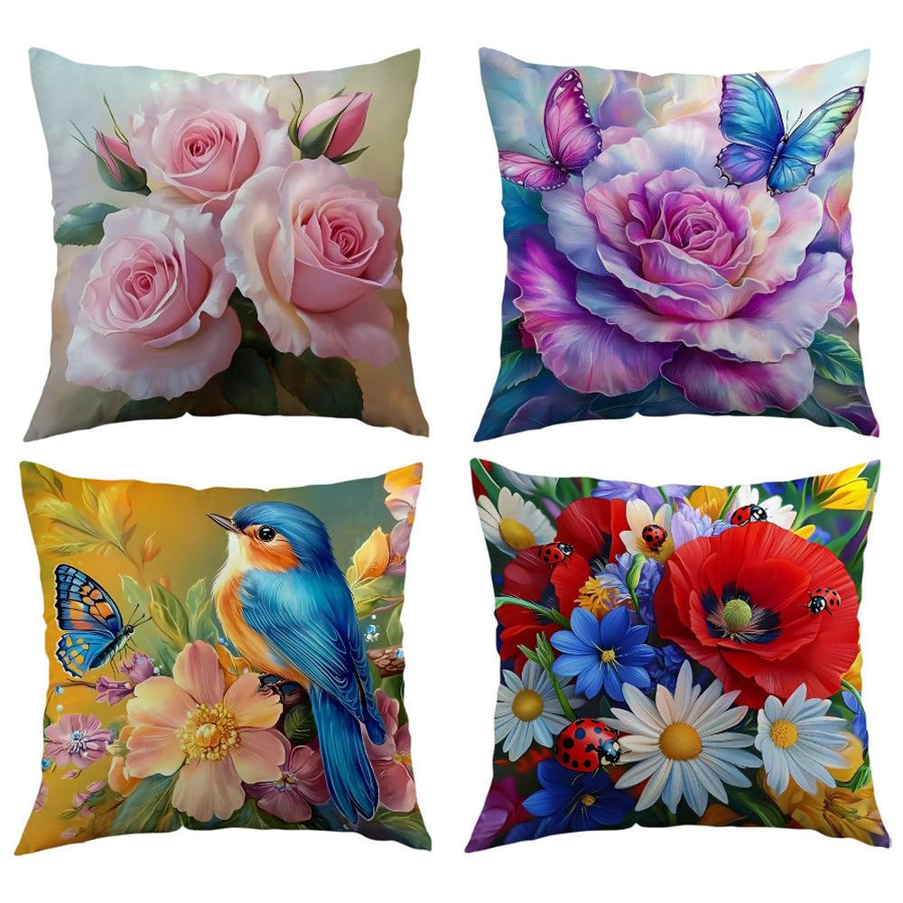 Cushion Covers 45X45 Set Of 4 Flower Cotton Linen Decorative Pillowcases With Invisible Zipper, Square Throw Pillow Covers For Sofa, Couch, Bedroom Or Outdoor Use,18X18 Inch Set Of 4