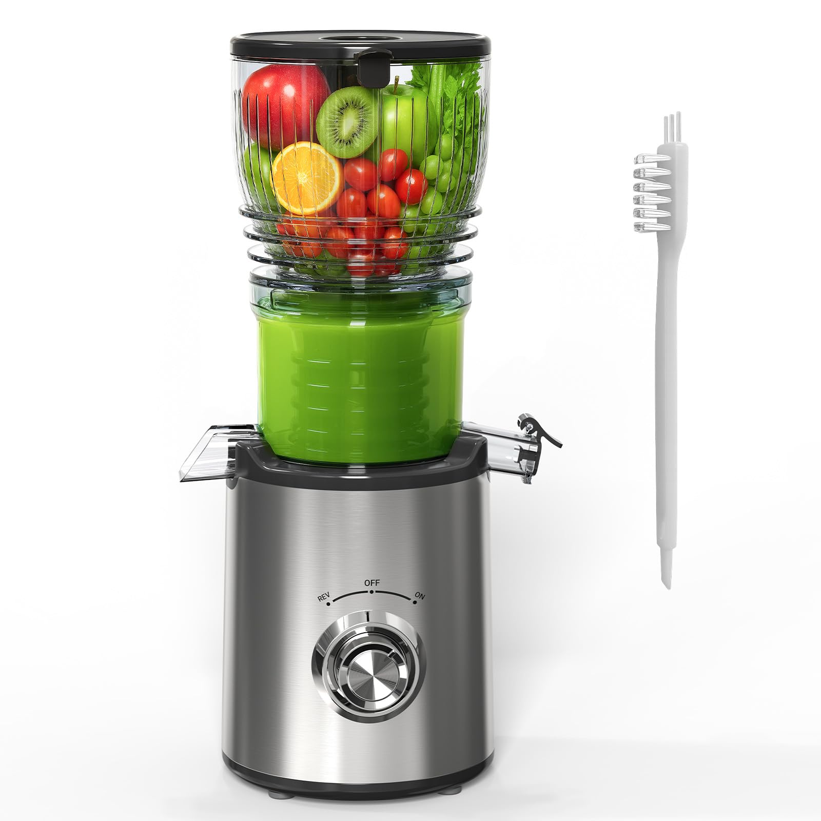 Extractor de Zumos y Verduras, 148mm Capacidad 2L Licuadora Prensado en Frio, 300W Extractor de Jugo Juicer Machine, Función de Masticación Inversa, Fácil de Instalar y Limpiar, Dos Tazas, Uno Cepillo