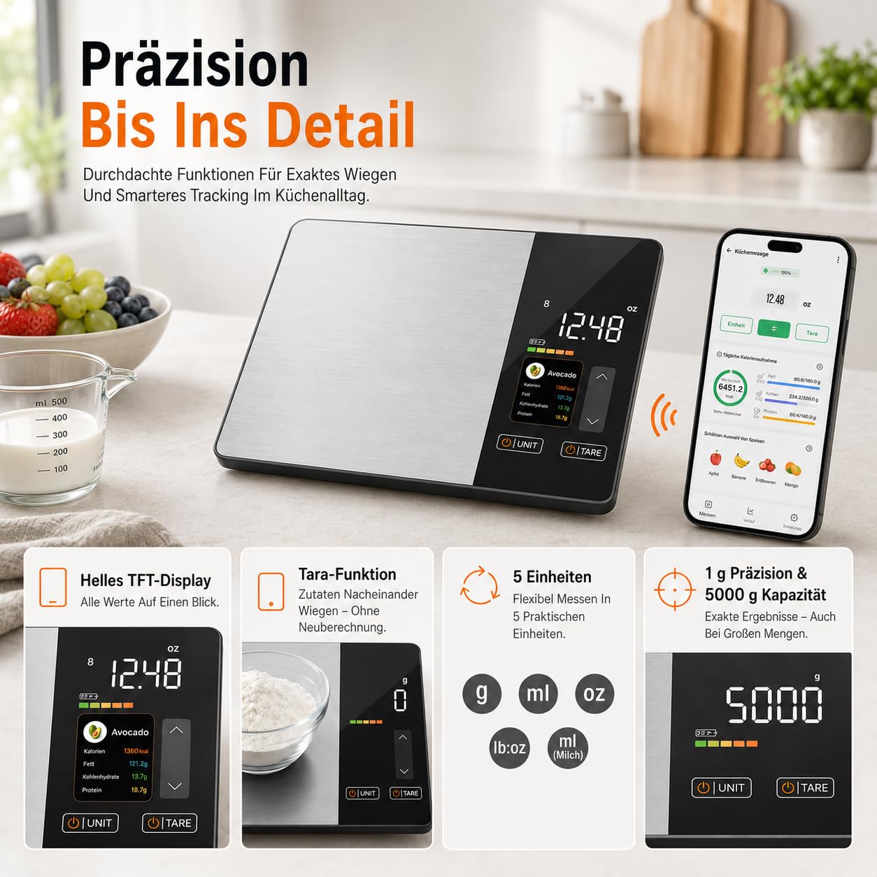 Smartvita Küchenwaage- Smarte Ernährungswaage Mit Präziser Messung Für Kalorien Portionen Backen Kochen Kaffee Und Edelstahl Küche