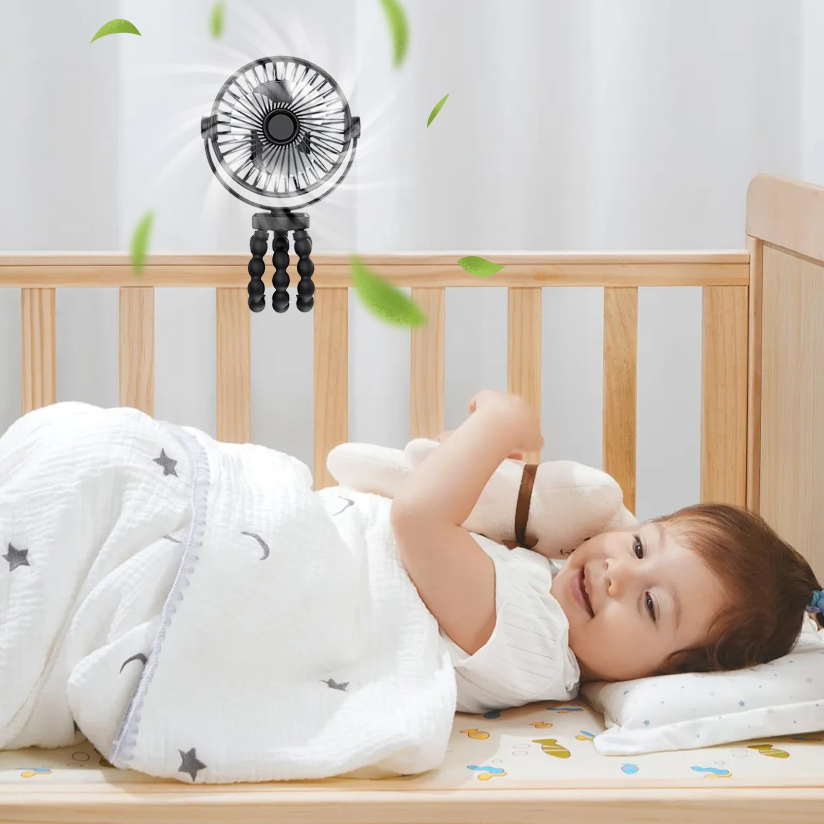 Tragbarer Kinderwagen-Ventilator – Tragbarer Kinderwagen-Ventilator mit 3 Geschwindigkeiten und Nachtlicht, 360° drehbarer Mini-Handheld- , USB-wiederaufladbarer Mini-Ventilator für Kinderwagen