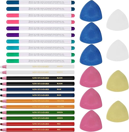 32 marcadores de sastrería que incluyen 10 marcadores triangulares de tela a medida, 10 rotuladores de tela de tinta desaparecida y 12 lápices de