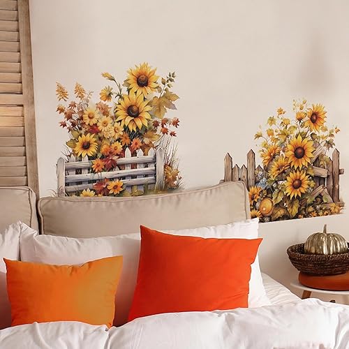 Miniatura 5 de Calcomanías de pared pintadas con flores de girasol, arte floral amarillo de sacinora calcomanías de pared de vinilo removible para cocina,