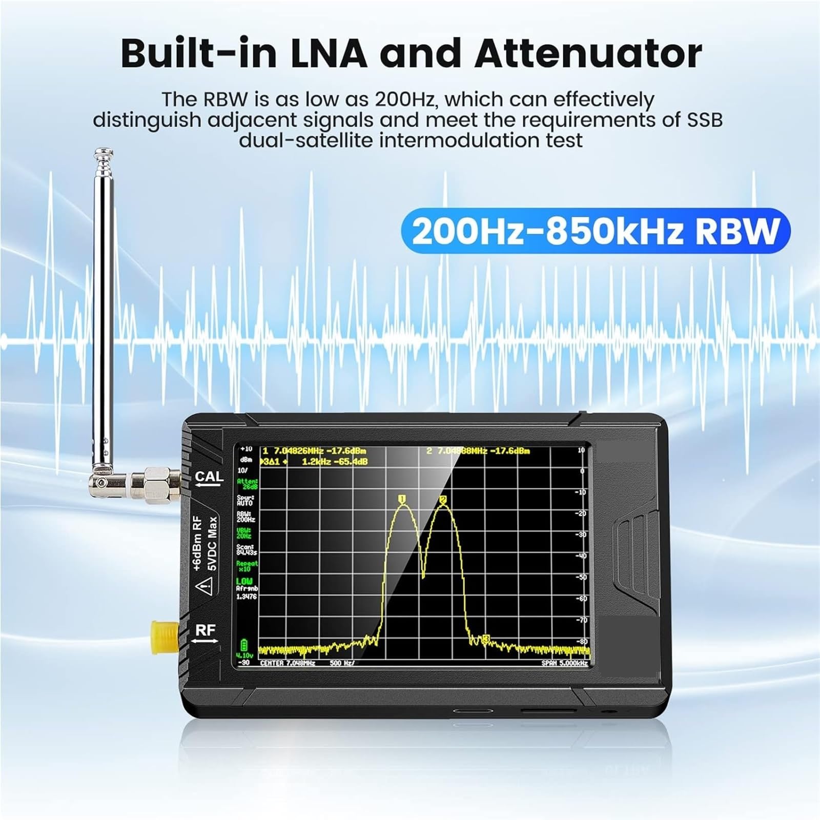 Analizzatore di spettro ultra 4.0" 100kHz a 5.3GHz frequenza minuscolo Generatore segnale 2 in 1 Ingresso MF/HF/VHF UHF,Misurazioni di precisione