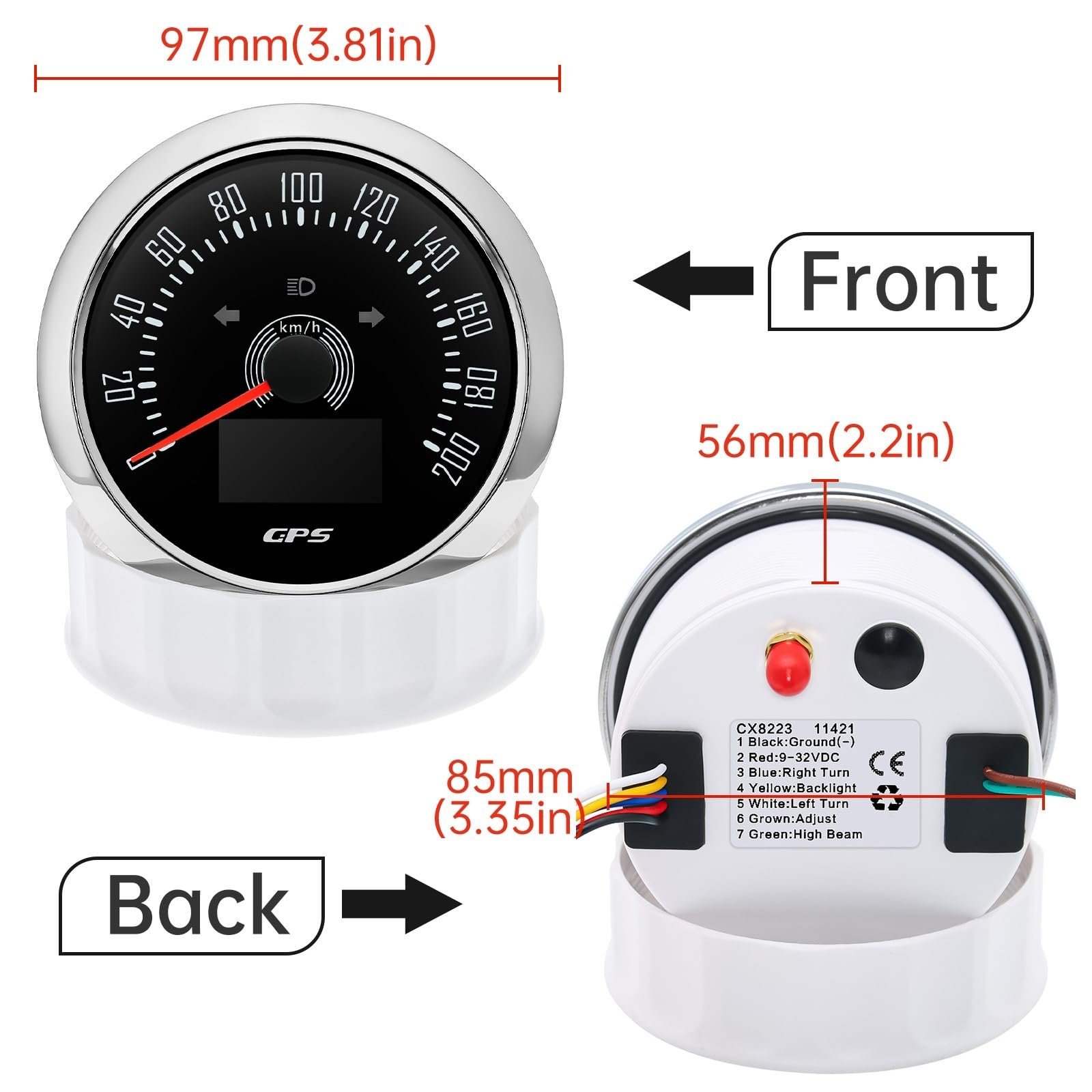 Tachimetro GPS impermeabile da 85 mm for antenna retroilluminazione a 7 colori for moto nautica barca auto camion misuratore di velocità 12V24V(200kmh BN)