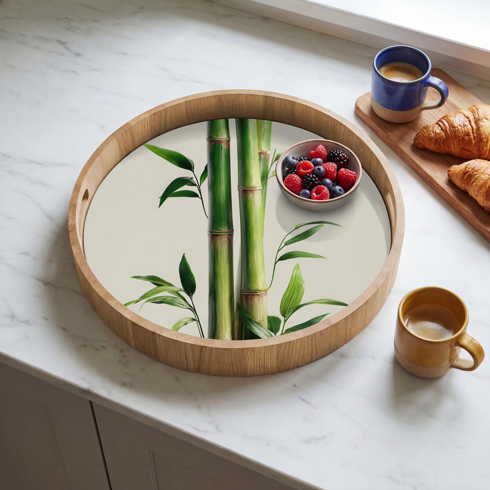 Bandeja Madera De Roble Redonda 40x40 cm Bandejas Desayuno para Servir Comida Cocina Resistente Al Calor Cafe Tray Tabuleiro Tallos bambú - Ornamental - Verde