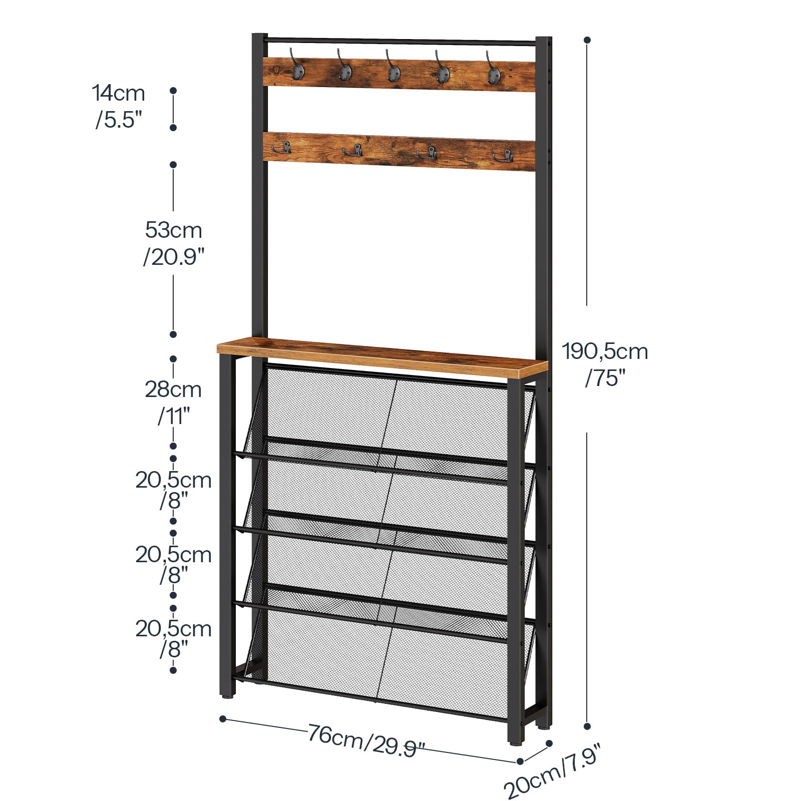 HOOBRO Meuble d’Entrée Étroit de 20 cm avec Rangement à Chaussures et Crochets, Porte-Manteau Multifonctionnel, pour Couloir, Entrée, Derrière la Porte, Marron Rustique et Noir EBF20MT01