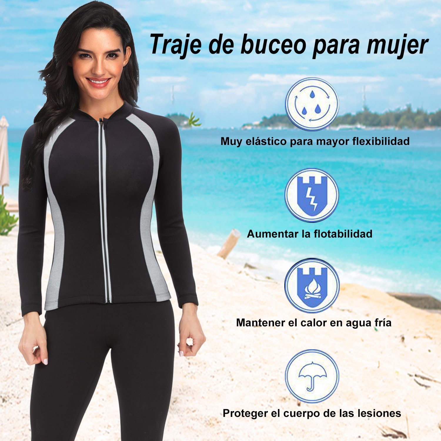 Veste de plongée en néoprène de 2 mm pour Femme Veste de Surf à Manches Longues avec Fermeture éclair sur Le Devant Combinaison Sport Nautique de plongée sous Marine Natation Plage Snorkeling