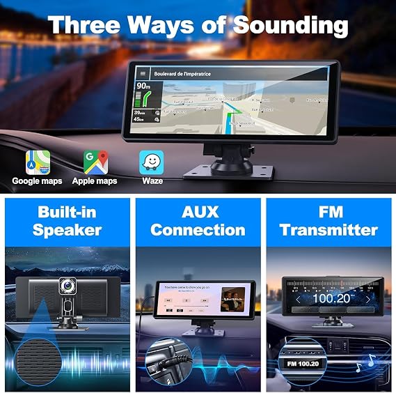 Android Portable Carplay for Car with 4K Dash Cam Car Front Rear 1080P Backup Camera, 10.26” Car Screen with Wireless Carplay Android Auto,Loop Recording GPS Voice Control Bluetooth AUX FM 64G TF Card