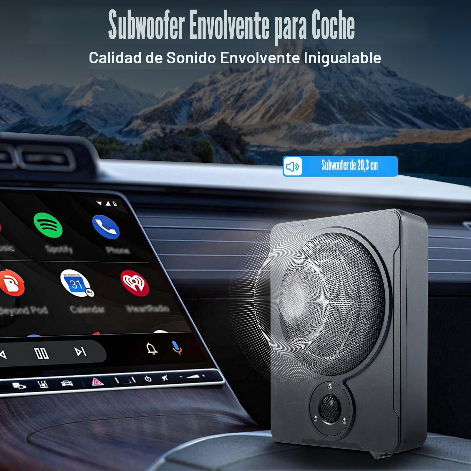 Subwoofer Activo de 8 Pulgadas 600W para Coche - Altavoz Bajo Asiento con Carcasa de Aluminio 12V - 70mm de Grosor para Camión, Caravana