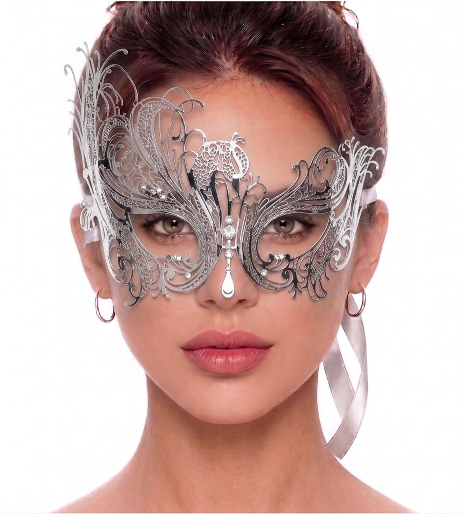 Luxury Mask Women's Swan Metal Filigree Laser Cut Venetian Masquerade Mask One Size Silver/Clear Stones โ image 1