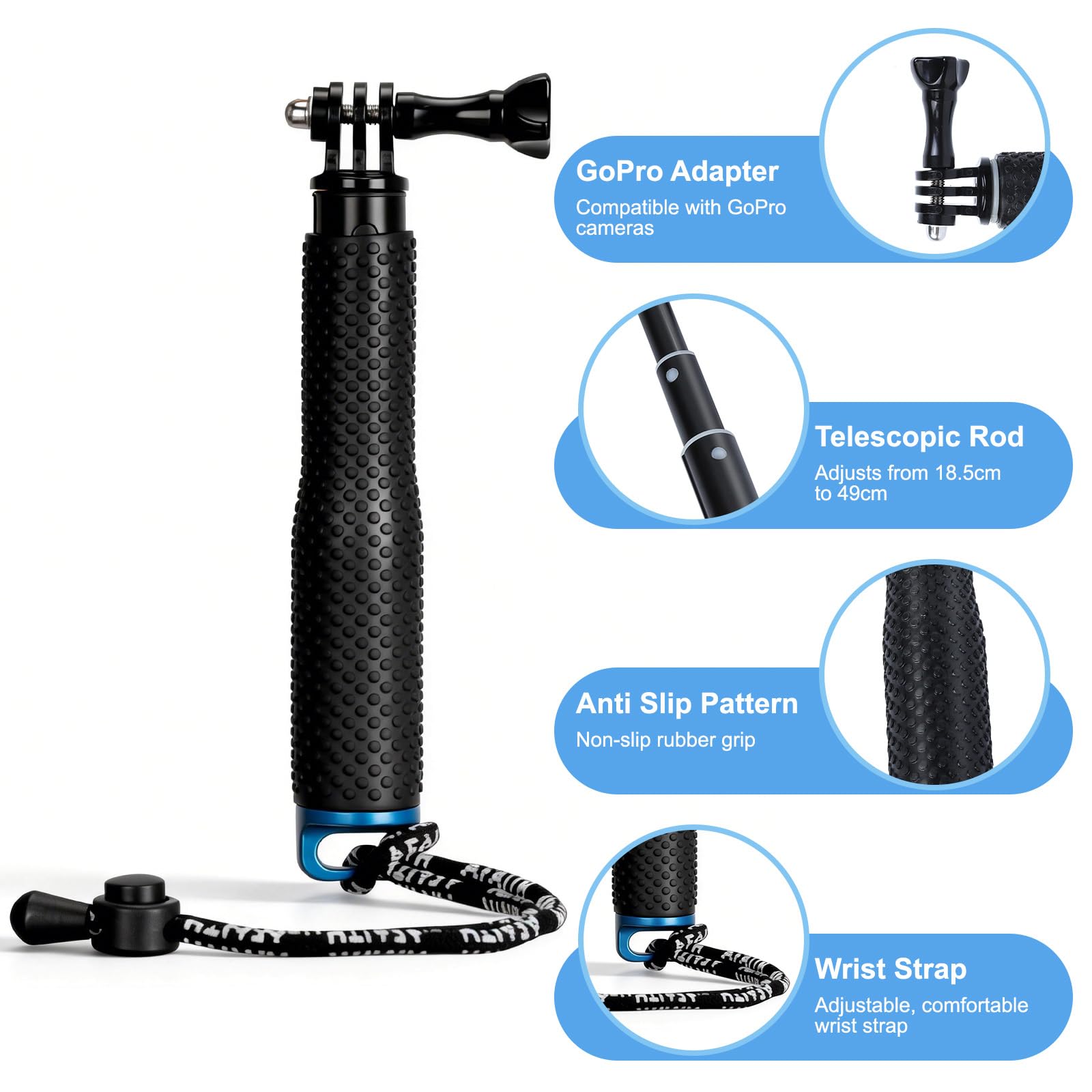 VINATO 19–49cm Selfie Stick für GoPro, Teleskopstange für Action Cam,Verstellbare Teleskop-Stick Aluminium Selfie-Stange für GoPro Hero 12/11/10/9/8/7/6 AKASO SJ4000 SJ5000 Insta360 X3 Action-Kameras