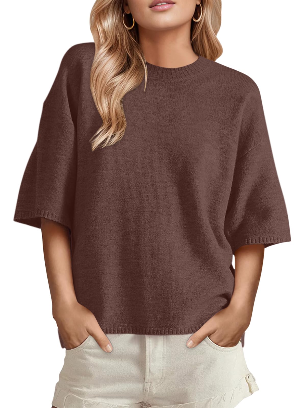 Womens Short Sleeve Sweater Oversized Crewneck Cozy Knit Pullover Tops Trendy 2026 Business Casual Tee Shirts