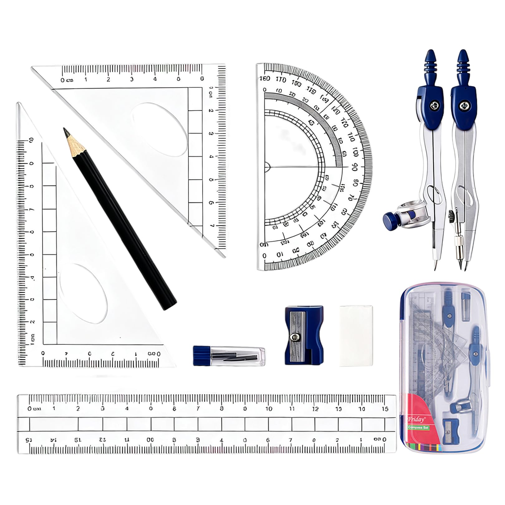 10Pcs Maths Set,Protractor And Compass Kit Math Ruler Pencil Rubber Sharpener School Stationery Drawing Compasses Geometry Sets Case With Storage Box,for Student Secondary Stationary Supplies (Blue)