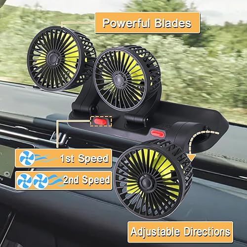 Miniatura 4 de Ventilador de triple cabezal para automóvil, CA portátil para automóvil con rotación de 360 para encendedor de cigarrillos para automóvil, RV y SUV