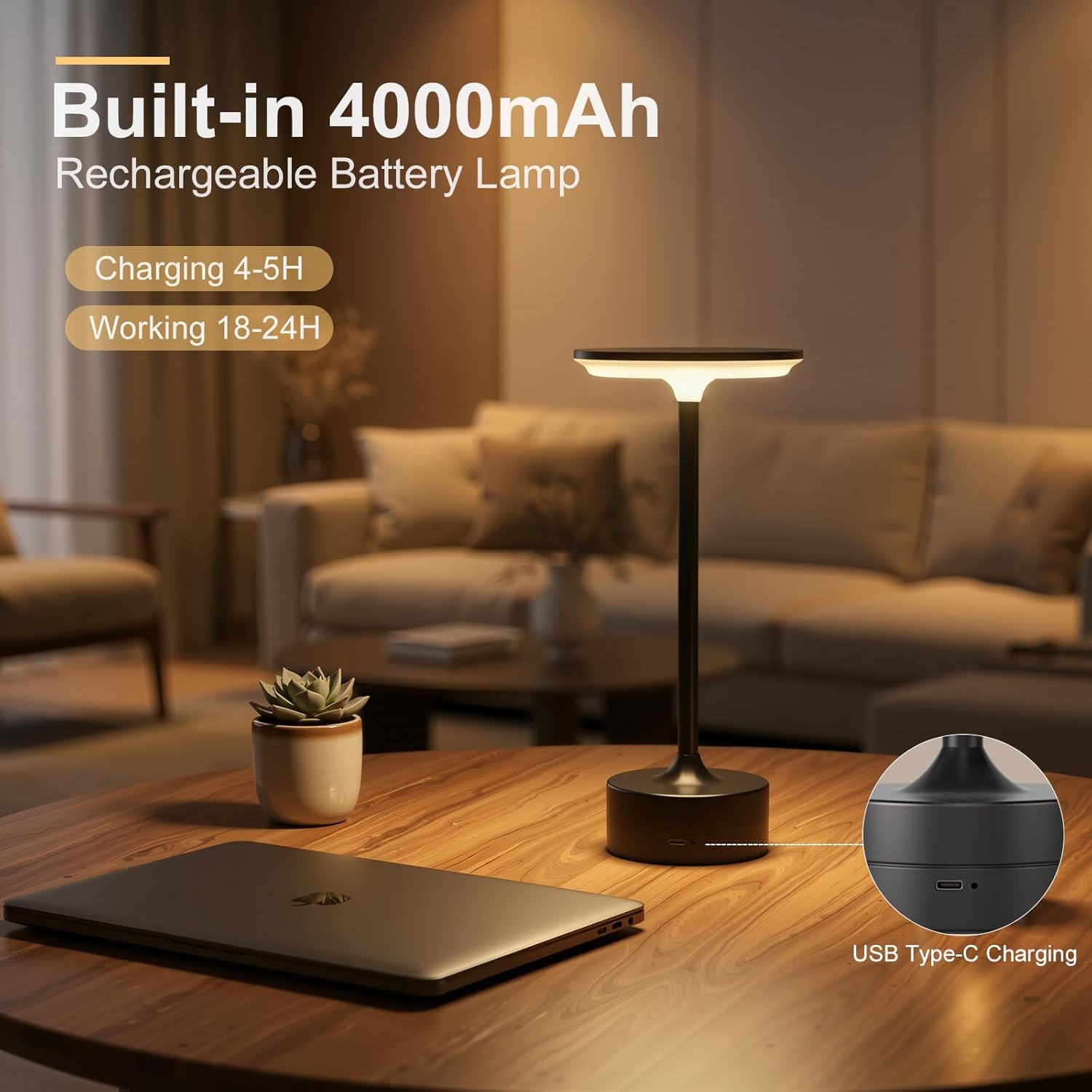 FRIDEKO HOME Rechargeable Cordless Table Lamp, LED Portable 4000mAh Touch Table Light, 3 Color Stepless Dimming Operated Desk Lamp, Wireless Lamps for Dining/Living Room/Outdoor/Camping（Black