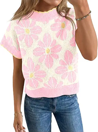 Women's Floral Short Sleeve Sweater Top - Vintage Crew Neck Loose Knit Summer Pullover