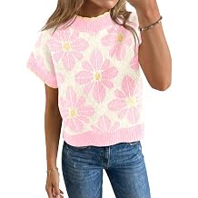Saodimallsu Womens Floral Sweater Tops Short Sleeve Vintage Crew Neck Loose Knit Summer Pullover Sweaters