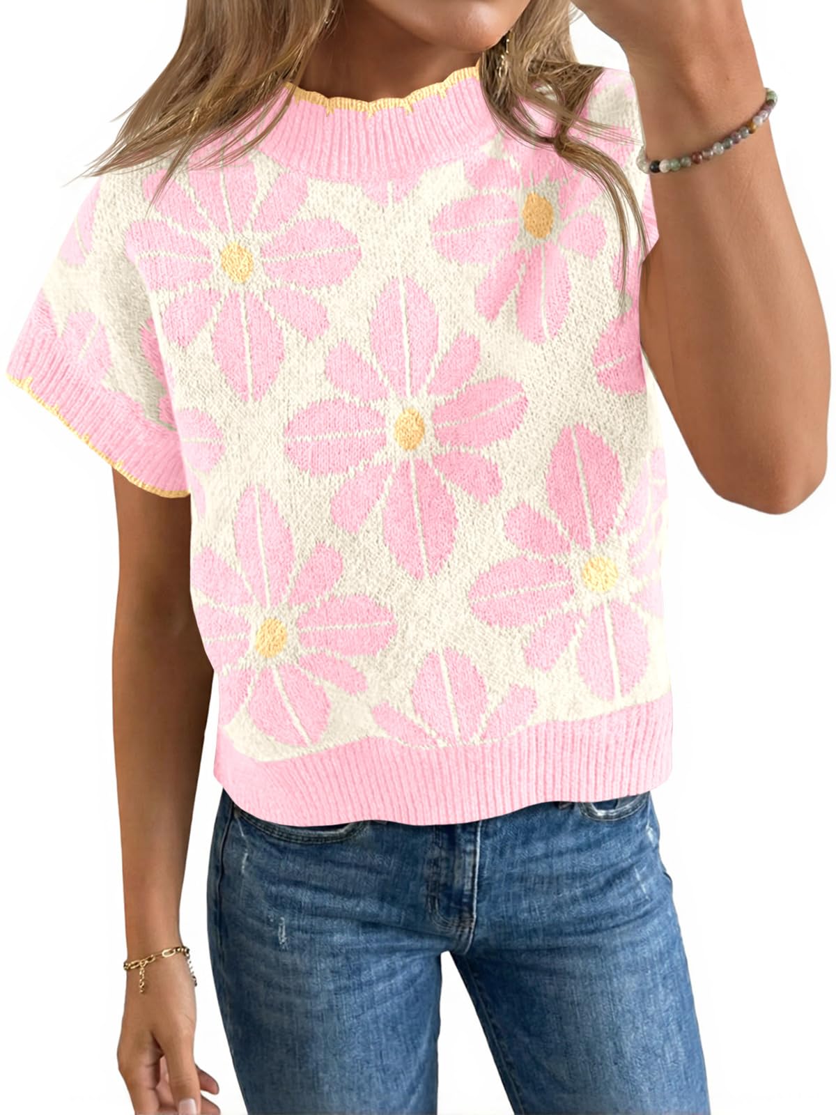 Womens Floral Sweater Tops Short Sleeve Vintage Crew Neck Loose Knit Summer Pullover Sweaters-image-41