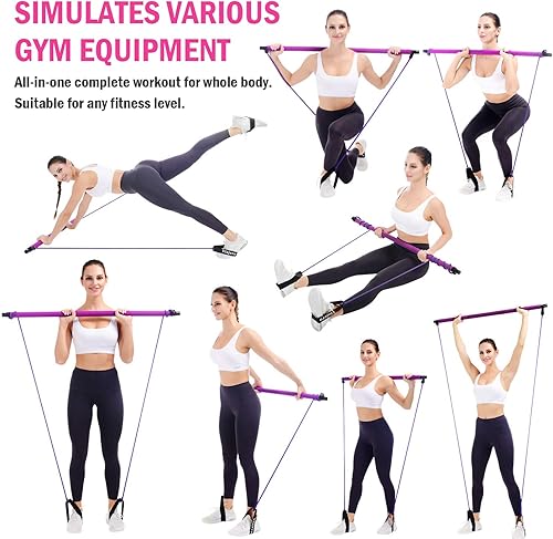 Miniatura 6 de Viajero Kit de barra de pilates para entrenamiento portátil de gimnasio en casa, 2 bandas de resistencia de ejercicio de látex, palos de 3