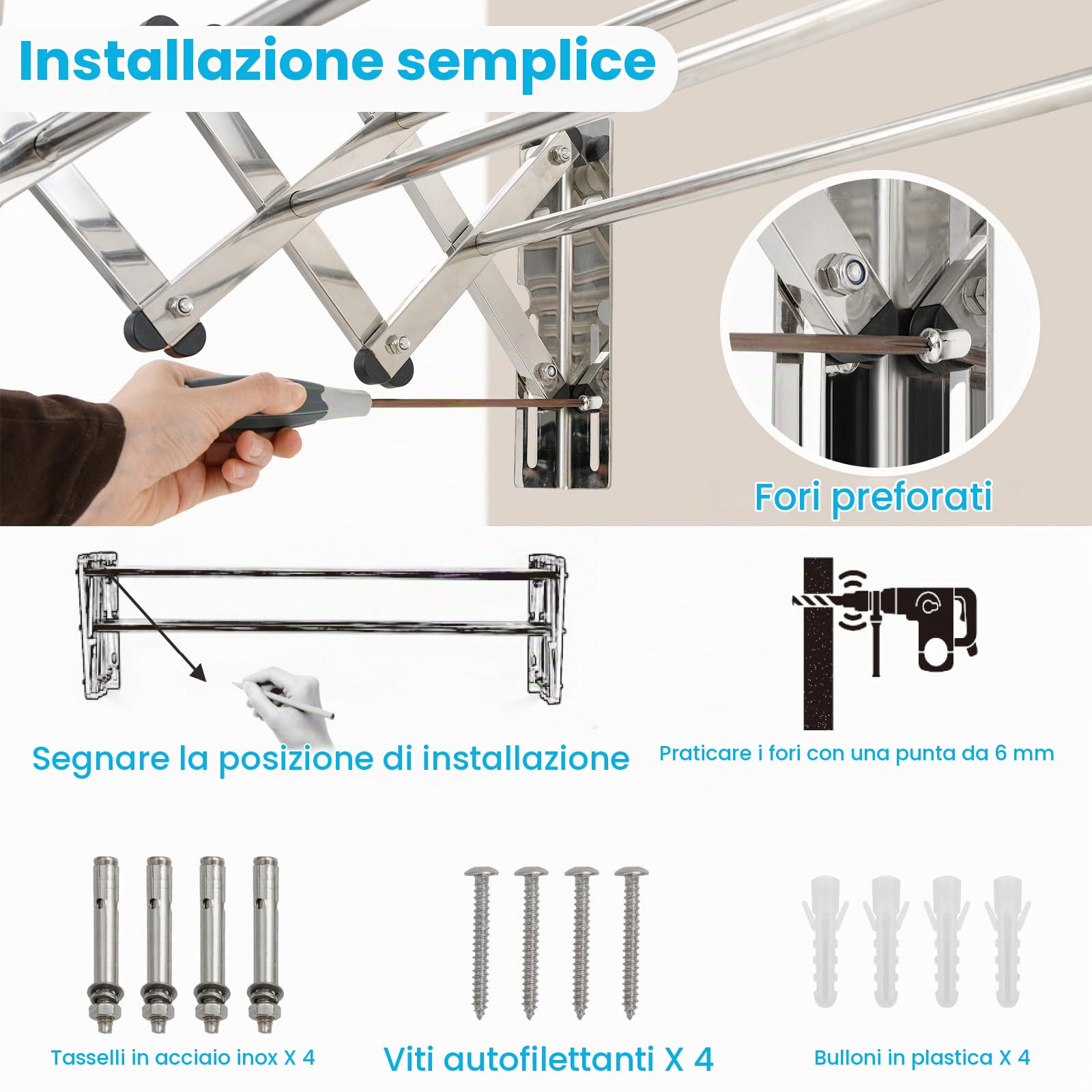 HOMASIS Stendibiancheria da Parete con 8 Aste in Acciaio Inox, Stendino da Parete per Bagno/Lavanderia, Stendino a Muro Richiudibile e Salvaspazio, Argento (50-86 x 63 x 22 cm)