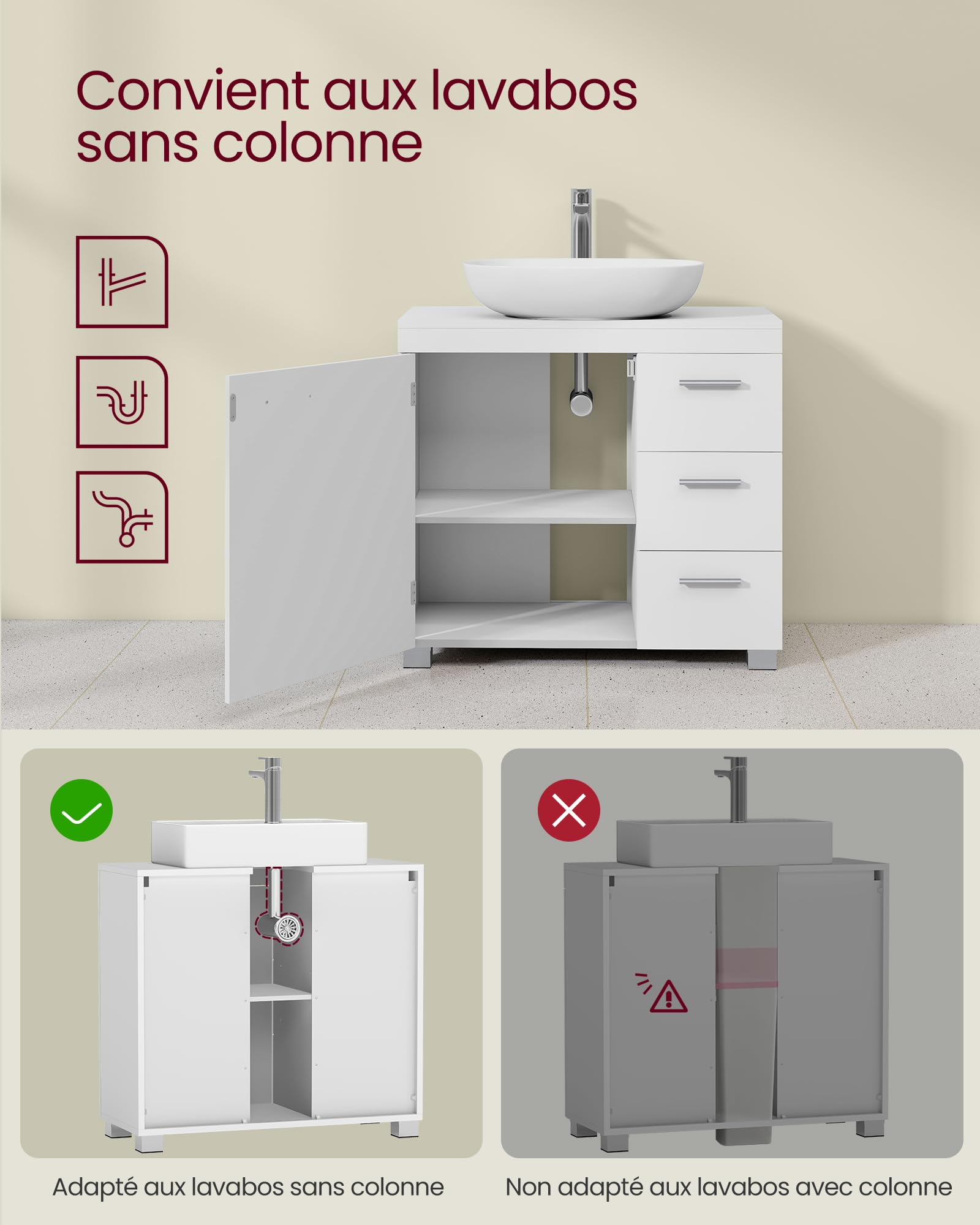 VASAGLE Meuble sous Lavabo, 3 Tiroirs Latéraux, 70 x 30 x 63,8 cm