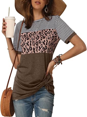 Womens Round Neck Striped Loose Summer T Shirt Tops Short Sleeve Leopard Print Baggy Tee Shirt Blouses