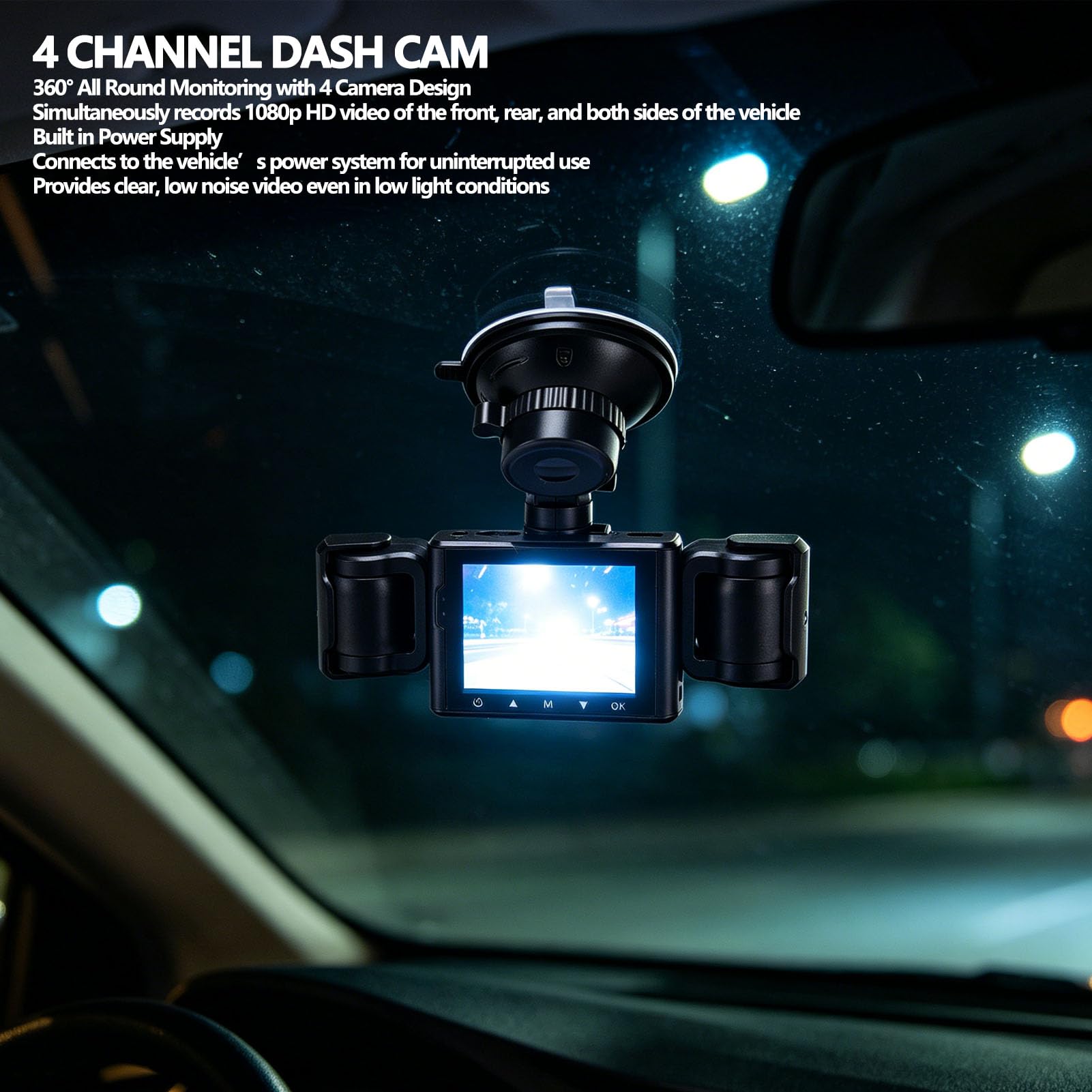 Cryfokt 4 Channel Dash Camera for Complete Vehicle Monitoring | Copertura a 360 gradi, chiarezza in condizioni di scarsa illuminazione, batteria integrata, supporta memoria da 64 GB