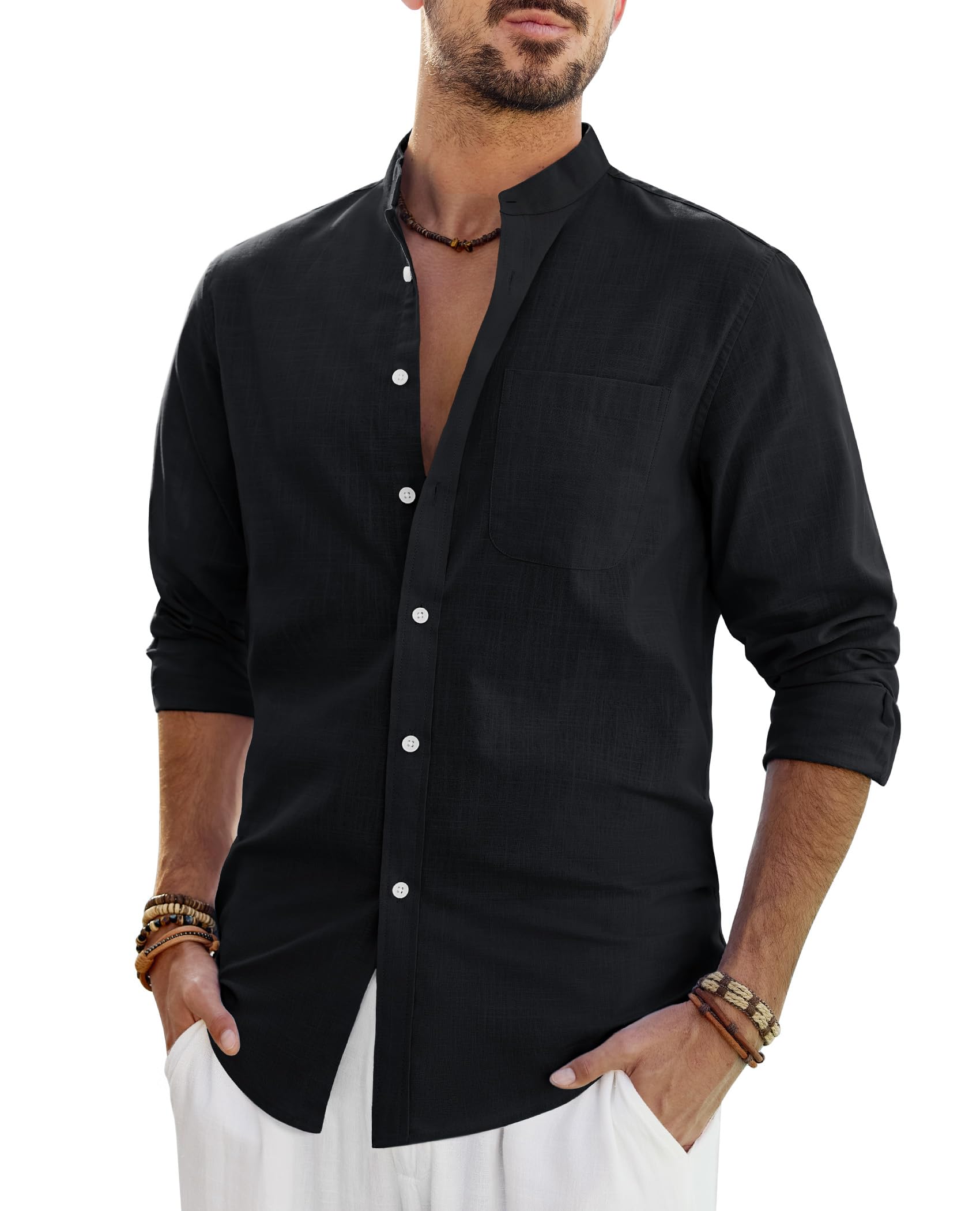J.VER Leinenhemd Herren Hemd Langarm Stehkragen Leinenshirt Baumwolle Atmungsaktiv Regular Fit Freizeithemden Casual Sommer Strand Leinen Shirt mit Tasche