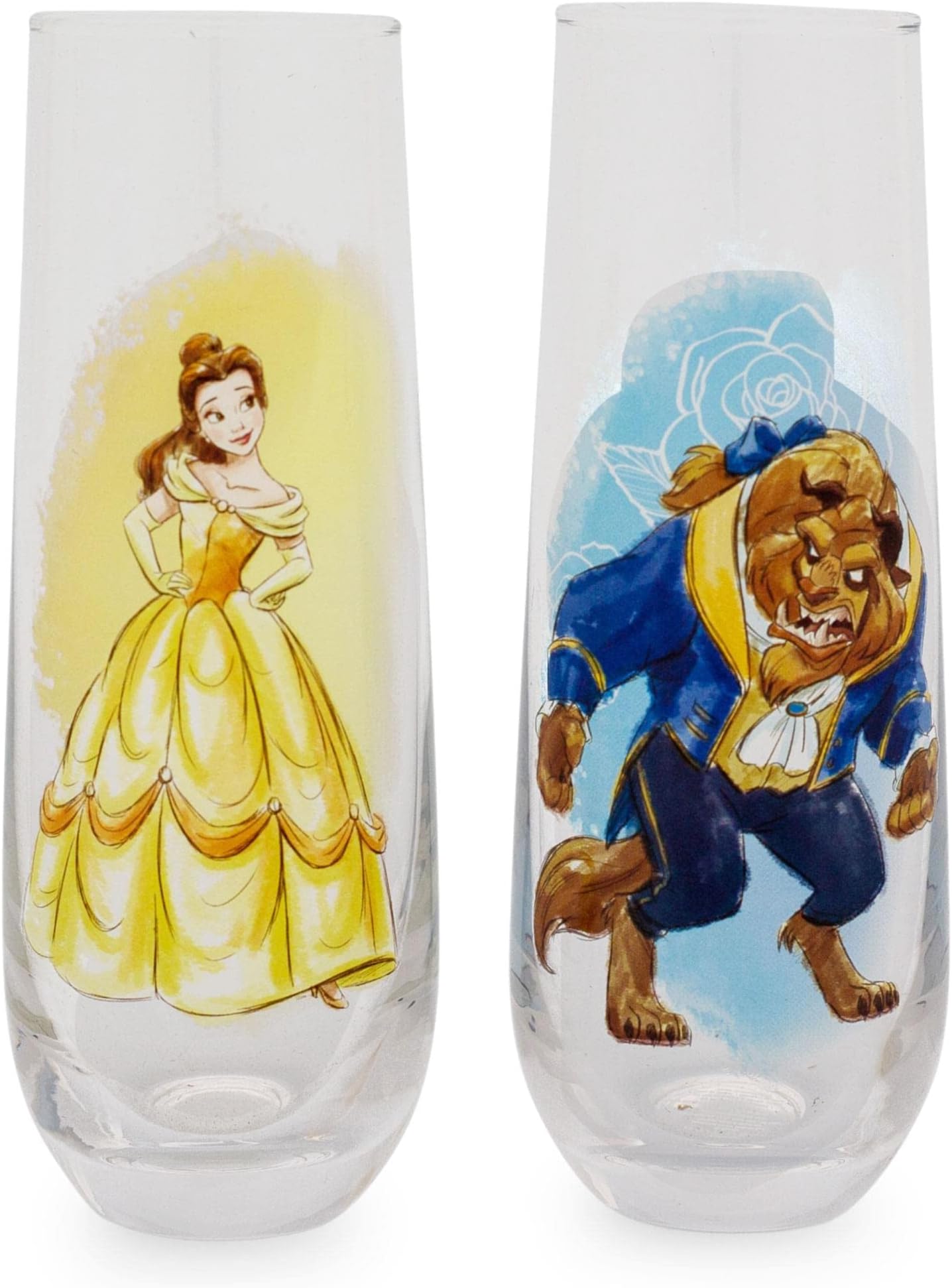 Disney Beauty and the Beast 9-Ounce Stemless Fluted Glassware, Set of 2 | Toasting Champagne Glass Cups For Wine, Mimosas, Cocktails | Home Bar & Kitchen Essentials, Cute Housewarming Couples Gifts