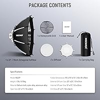 Vista 8 de NEEWER 22"/55cm Octagonal Softbox, Quick Release Bowens Mount Softbox with Honeycomb Grid, Light Diffusers, Bag for RGB CB60 CB60B CB200B MS60B