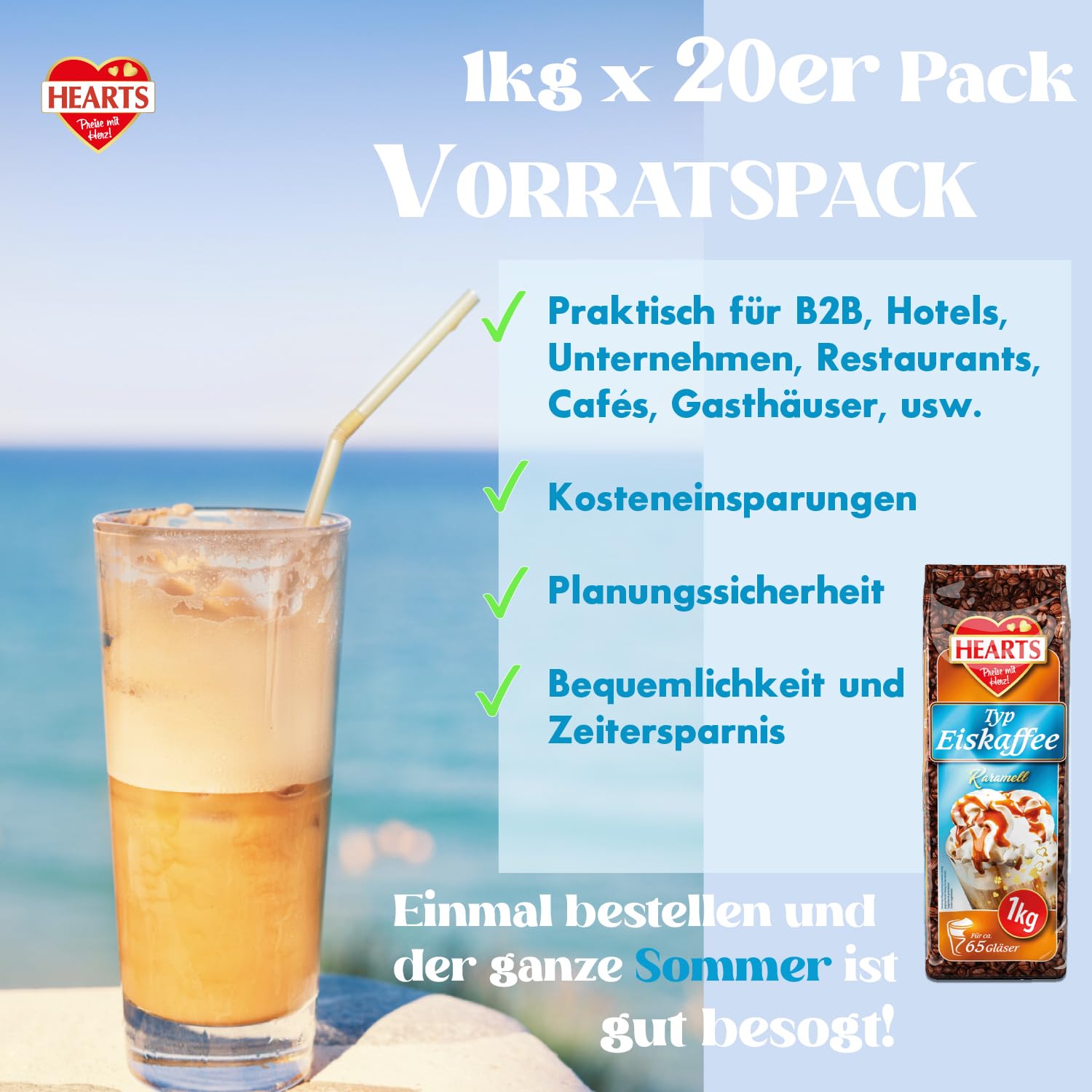 HEARTS kawa mrożona w proszku karmelowa 20 x 1 kg, korzystne opakowanie idealne na stacje benzynowe, piekarnie, hotele, przedsiębiorstwa itd. – Zmielona kawa na lato, Frappe Art, letni napój,