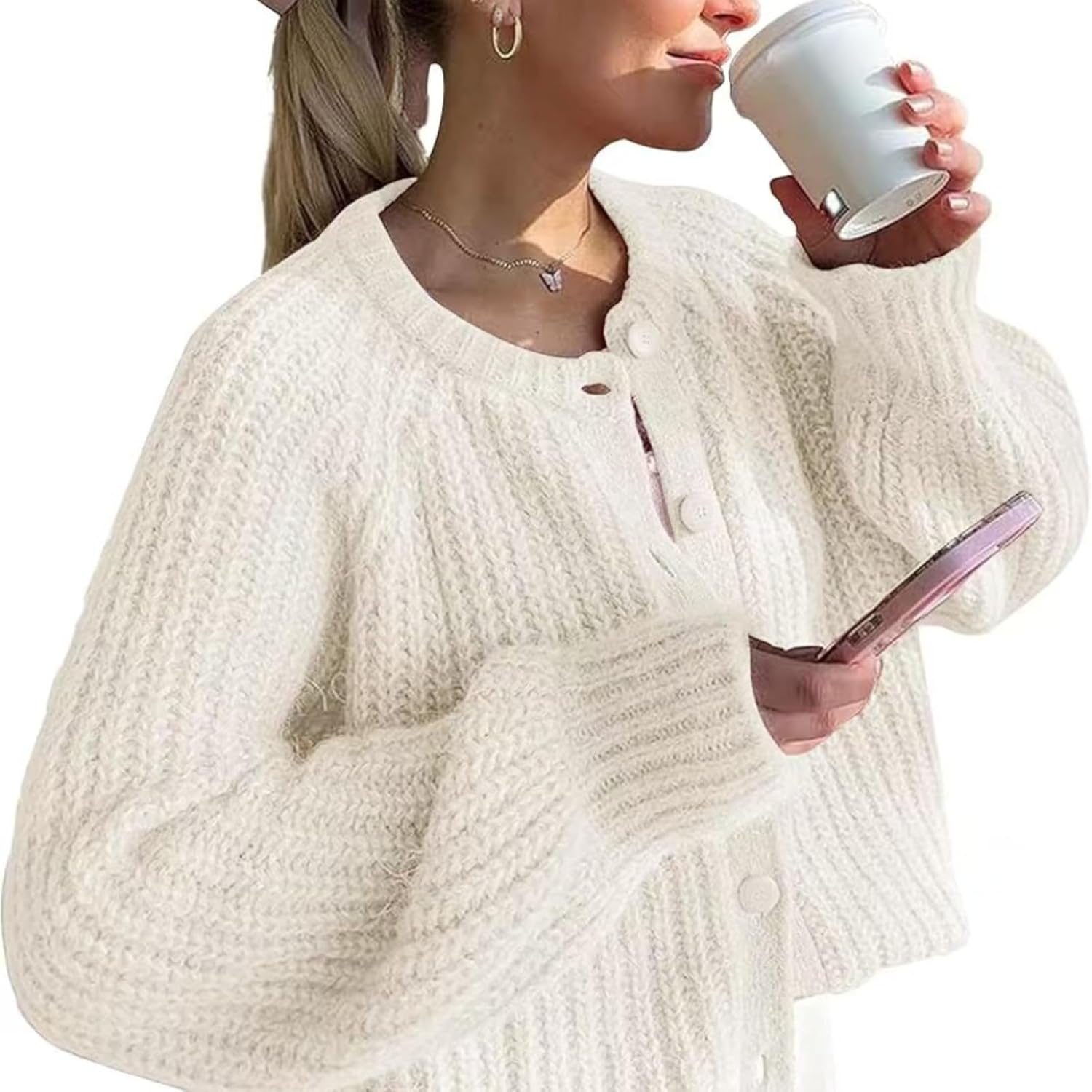 Sumleno Womens Open Front Button Down Sweater Long Sleeve Y2k Chunky Knit Cardigan Trendy Fall Outfits Casual Knitwear Coats