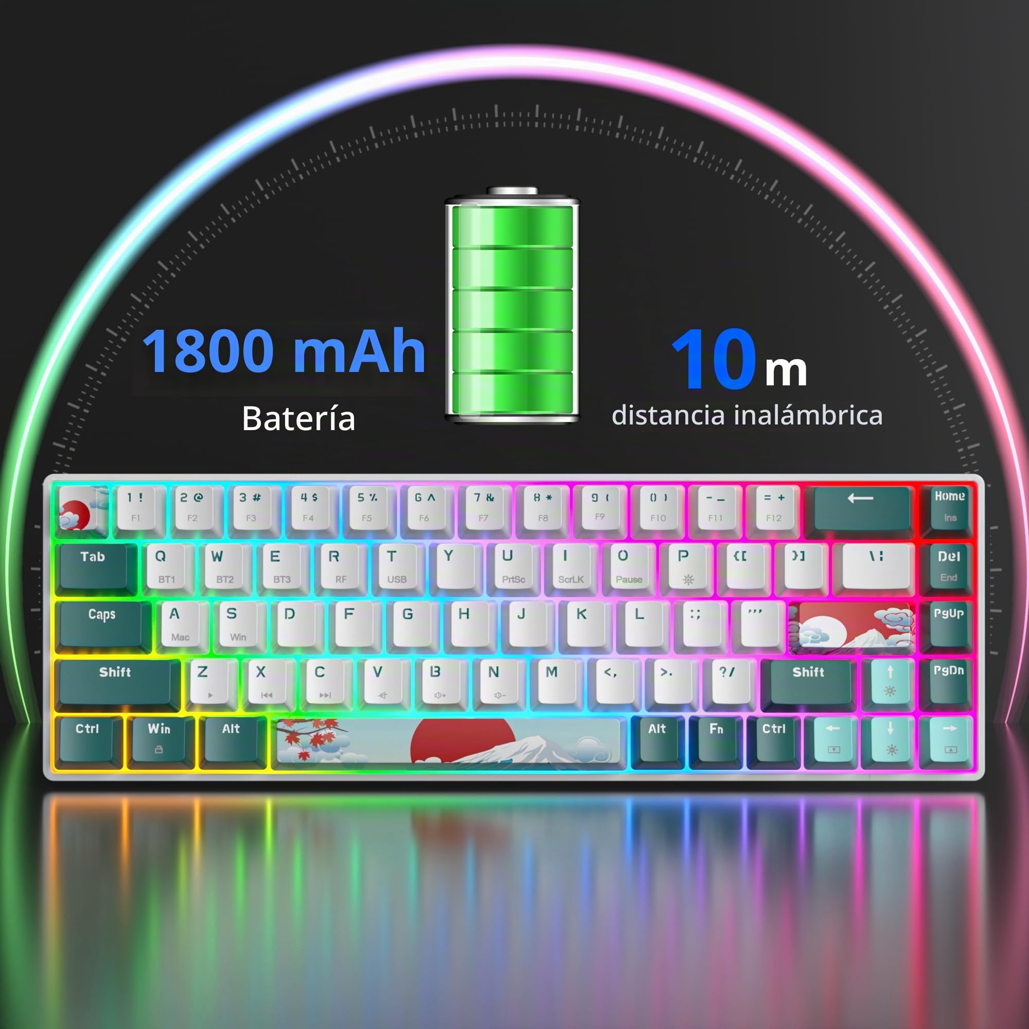 Teclado Mecanico Inalámbrico,Mini Teclado Gaming 65% Wireless Gamer Keyboard 2.4Ghz/Bluetooth/USB-C Hot Swap American QWERTY Layout con para PC/Mac