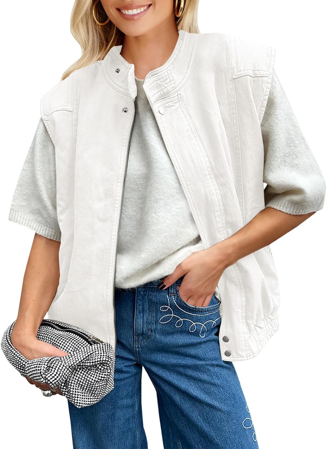 Tankaneo Womens Denim Vest Casual Zip Up Jean Vest Tops Utility Cargo Oversized Sleeveless Jacket