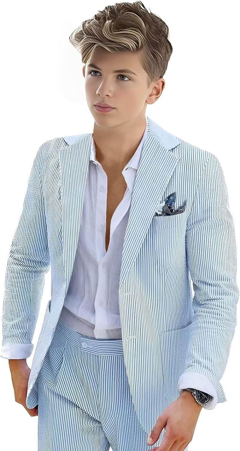 Boys Seersucker Suits Light Blue Set 2 Piece Tuxedo for Boys Striped Blazer Pants Summer Beach Wedding Suit 18